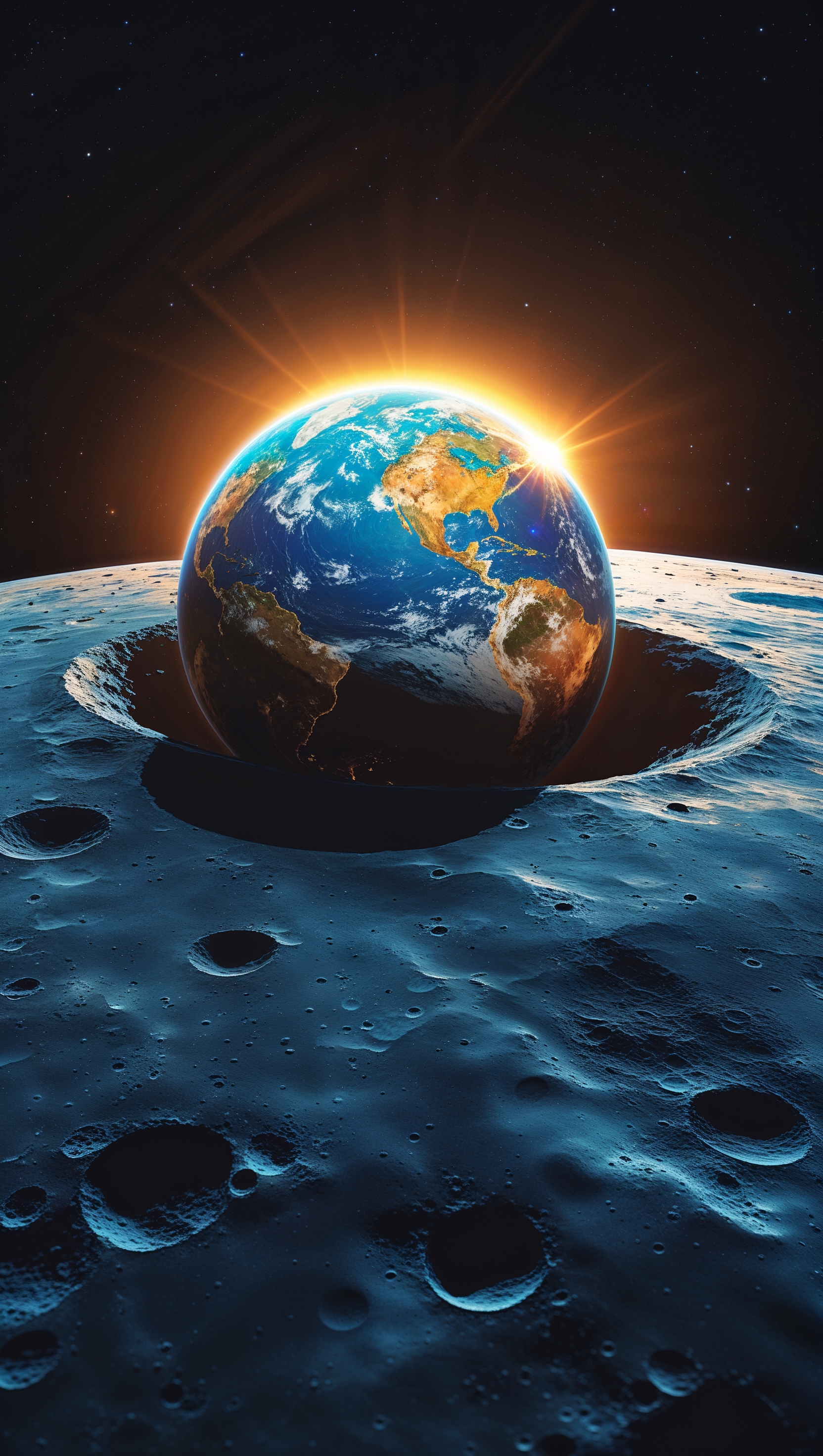 Earth seen from the Moon, glowing with sunlight, inspirational iPhone background, 4K
