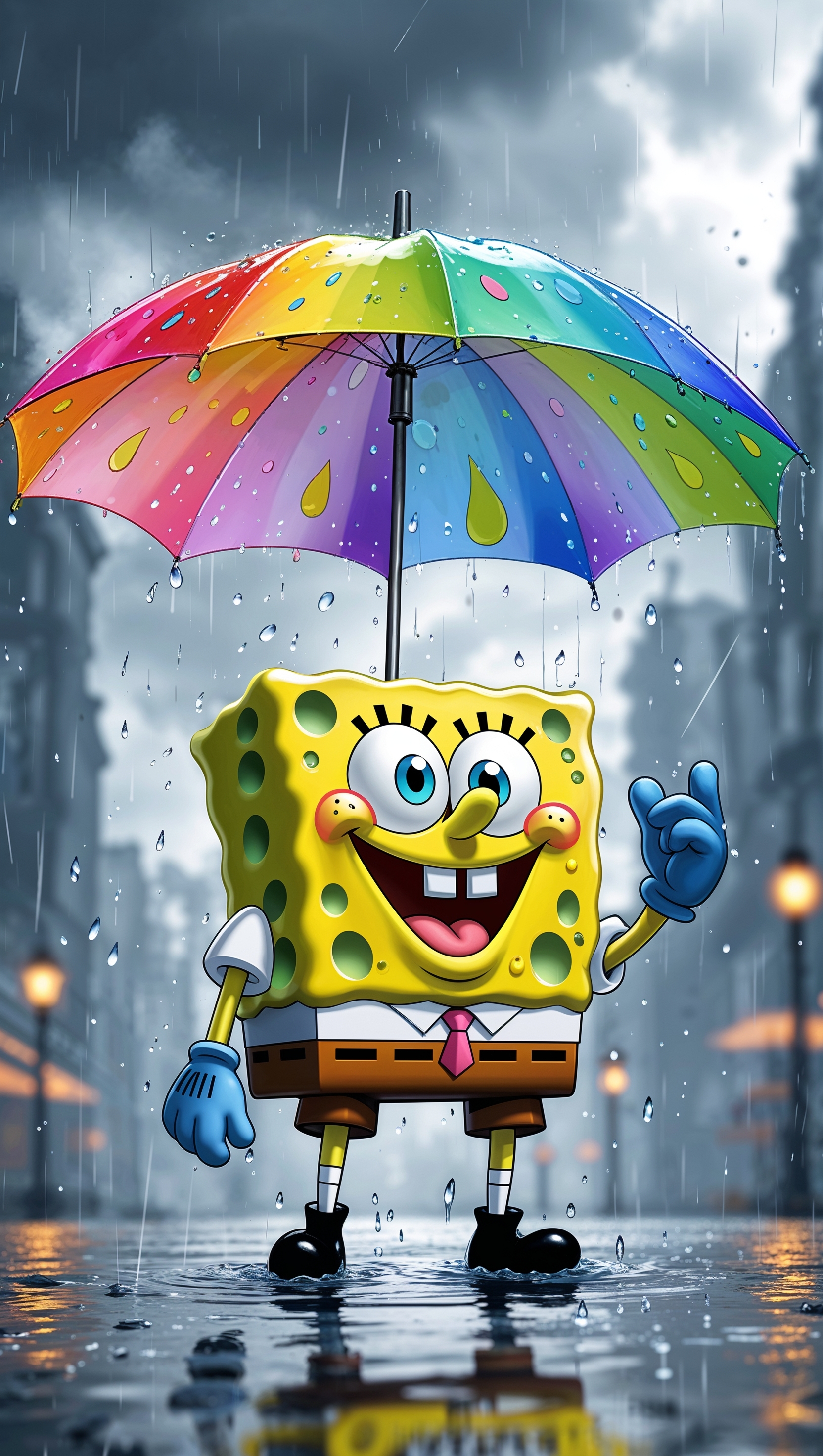 Spongebob under the rain with a colorful umbrella for iPhone wallpaper