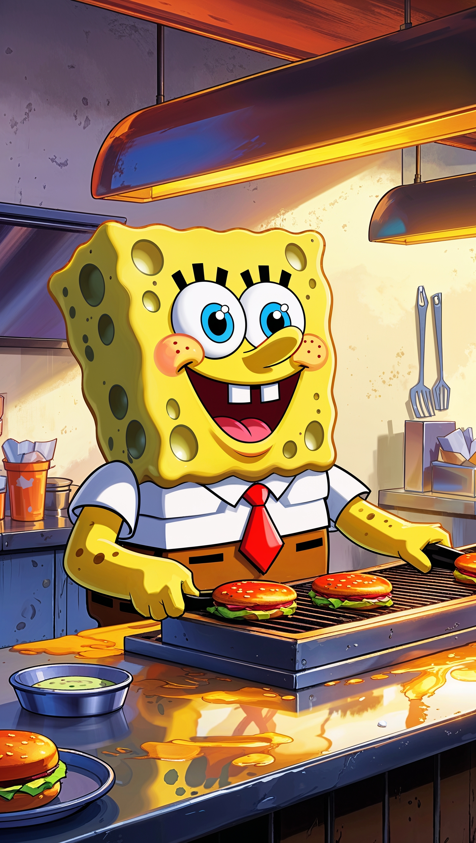 Spongebob cooking burgers at the Krusty Krab with warm lighting for iPhone wallpaper