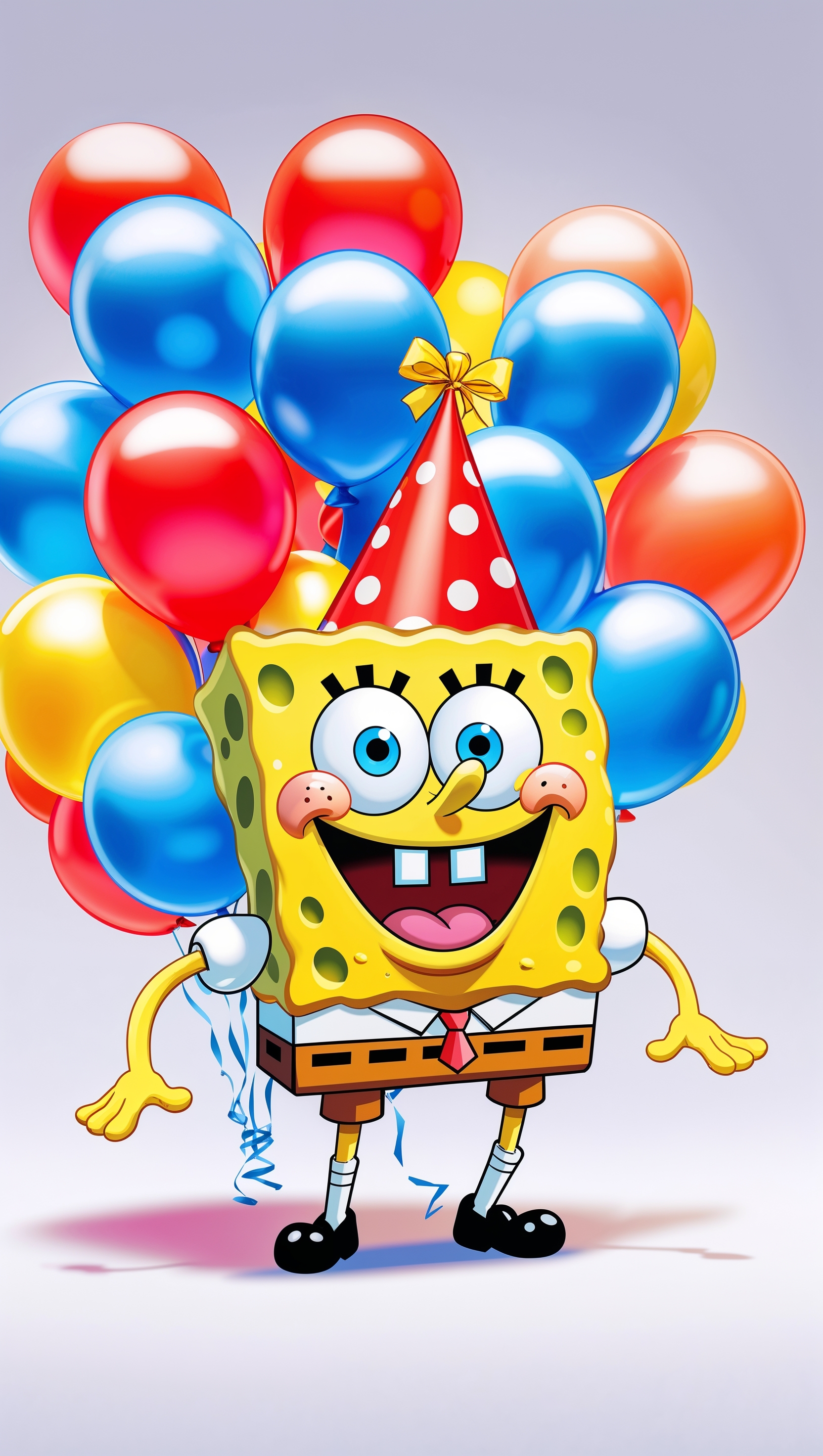 Spongebob at a birthday party with balloons and a party hat for iPhone wallpaper