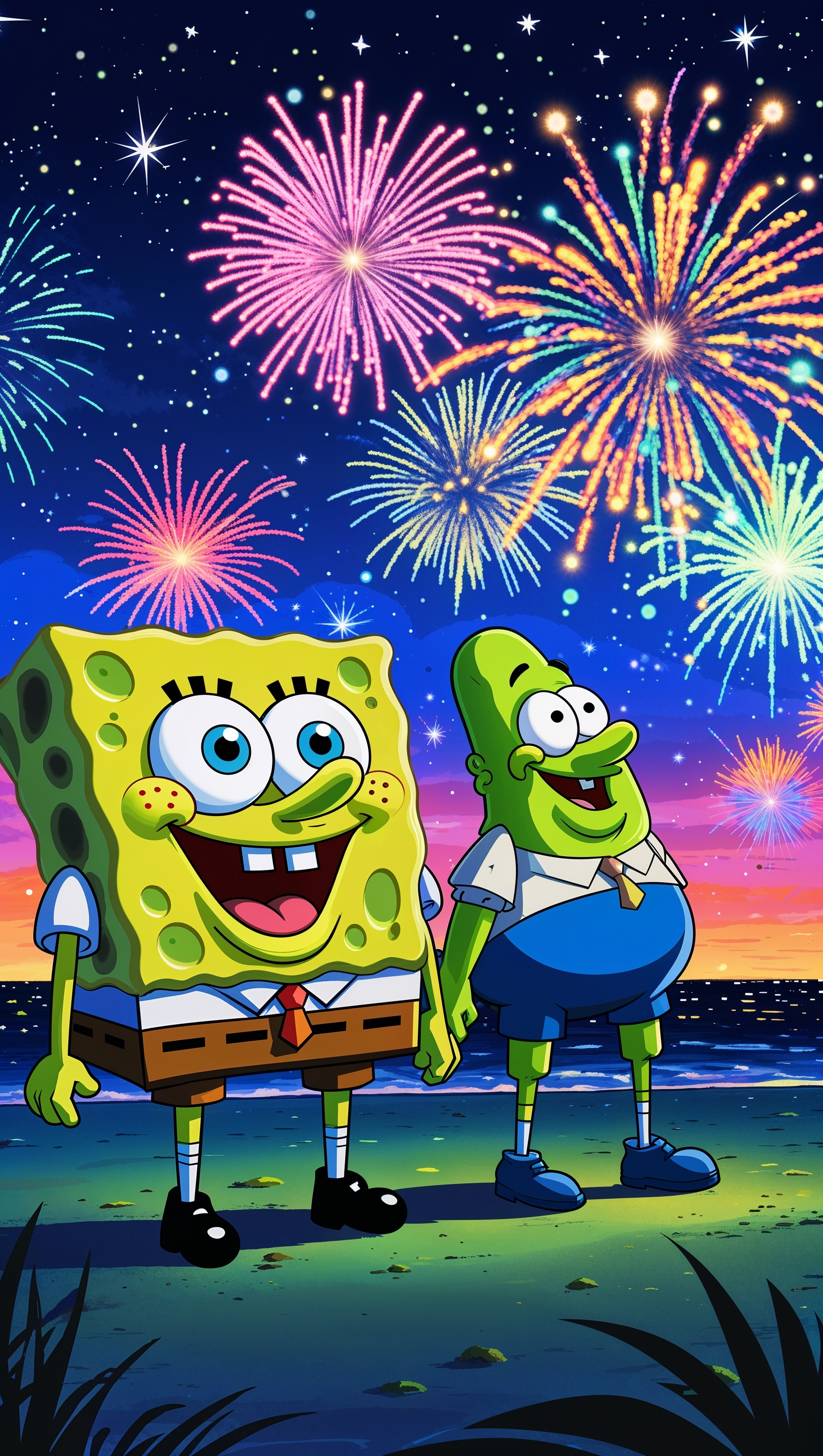 Spongebob watching fireworks at night with Patrick for iPhone wallpaper