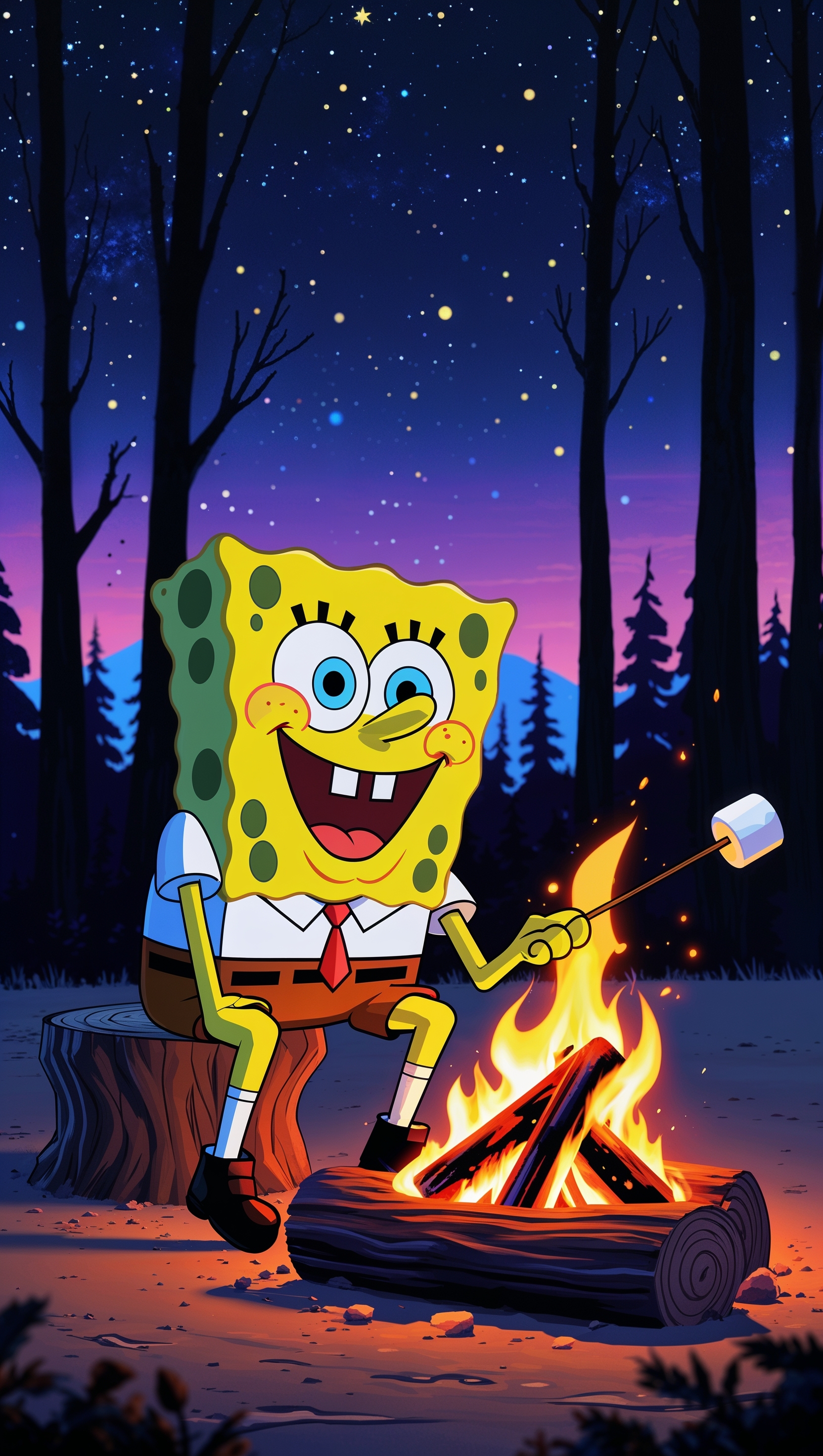 Spongebob at a bonfire night for iPhone wallpaper