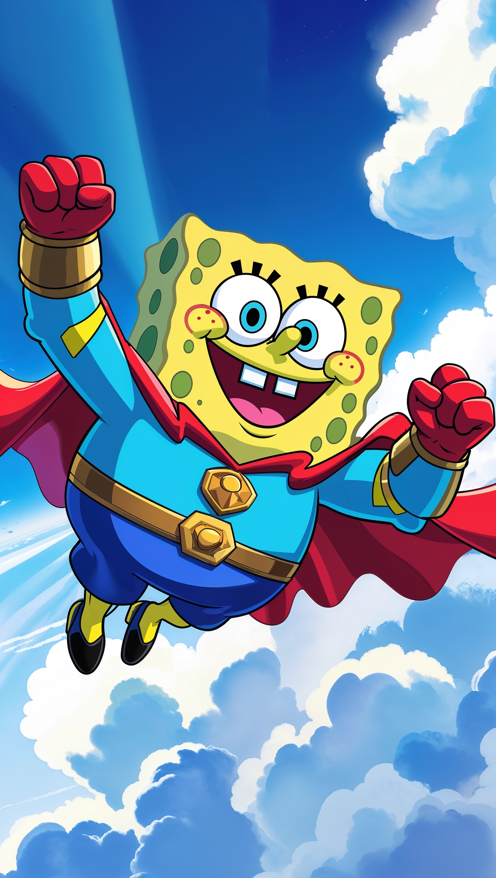 Spongebob flying in superhero costume for iPhone wallpaper