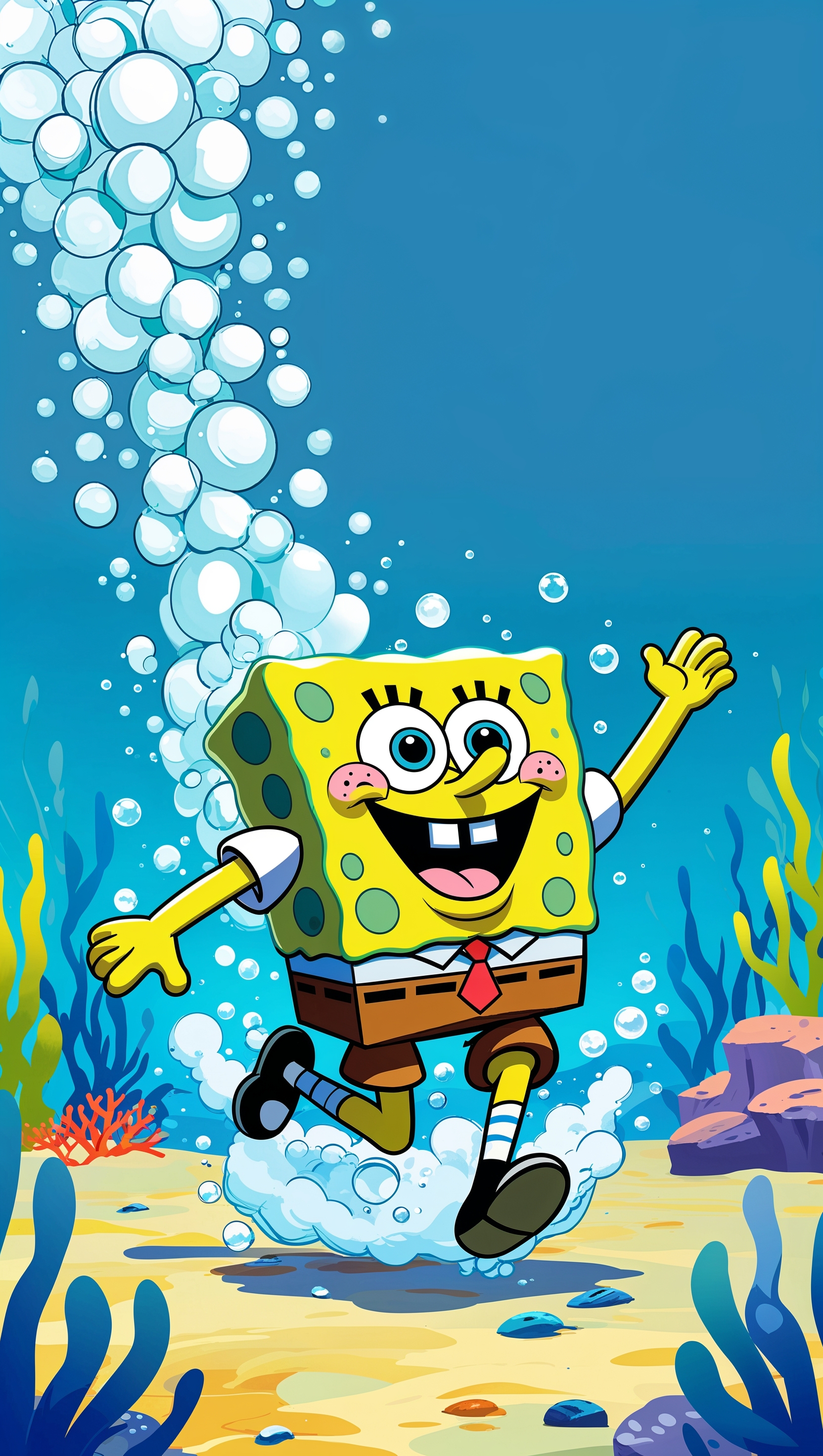 Spongebob running underwater with bubbles for iPhone wallpaper