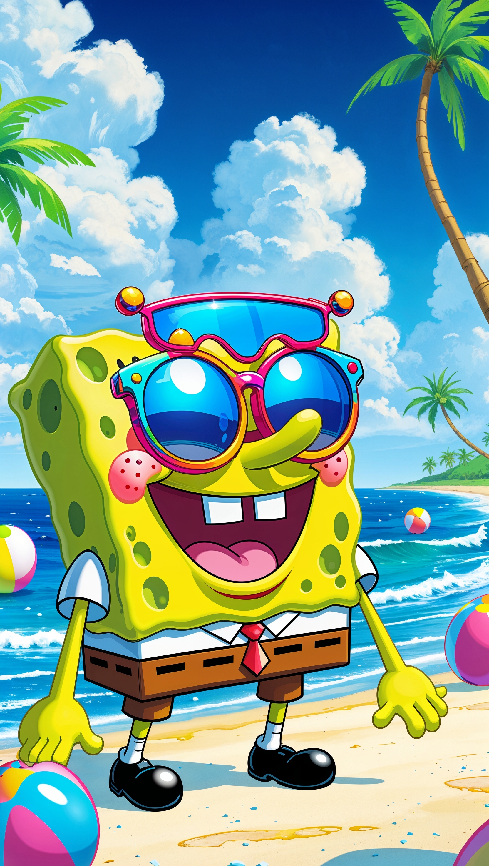 Spongebob wearing sunglasses on the beach for iPhone wallpaper