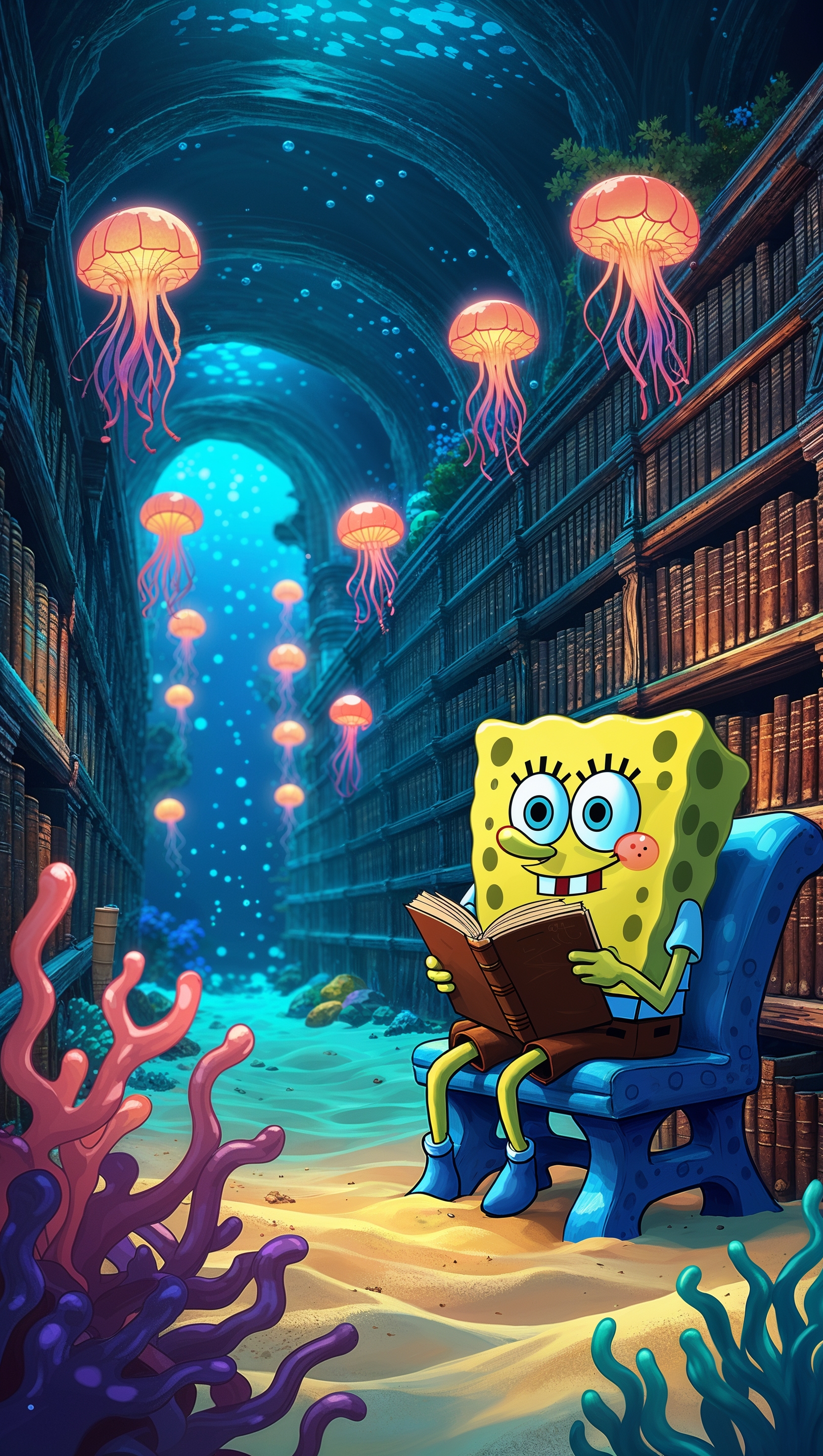Spongebob reading in an underwater library for iPhone wallpaper