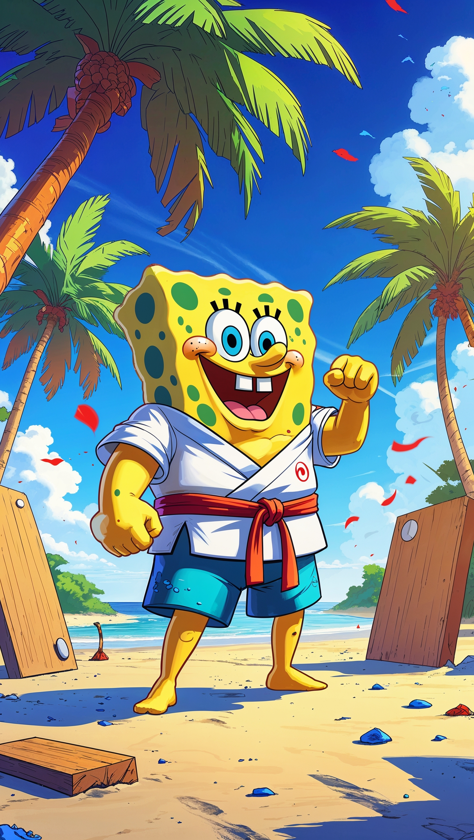 Spongebob practicing karate with Sandy for iPhone wallpaper