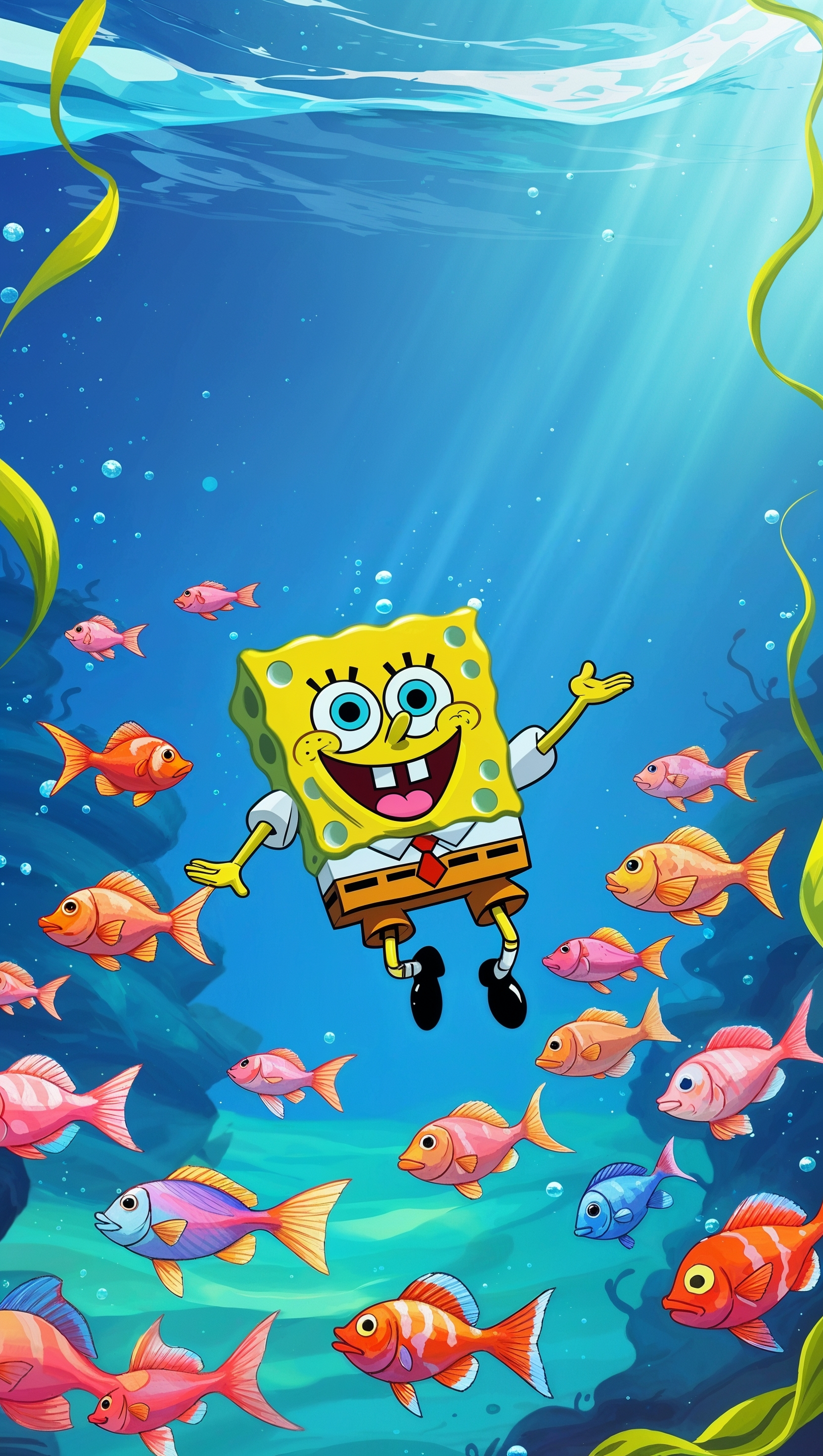 Spongebob swimming with colorful fish for iPhone wallpaper