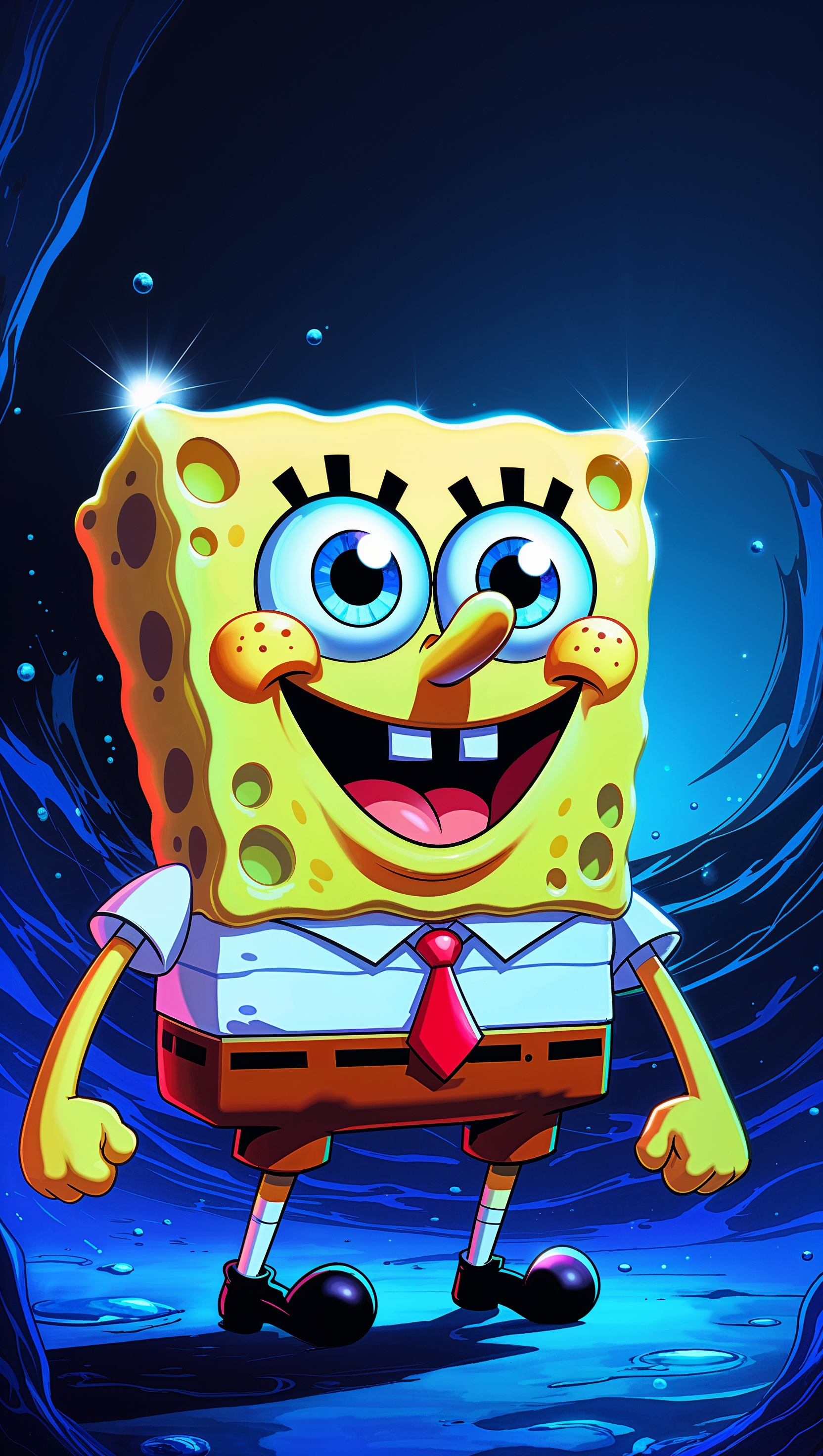 Spongebob in anime style with big eyes and special lighting for iPhone wallpaper