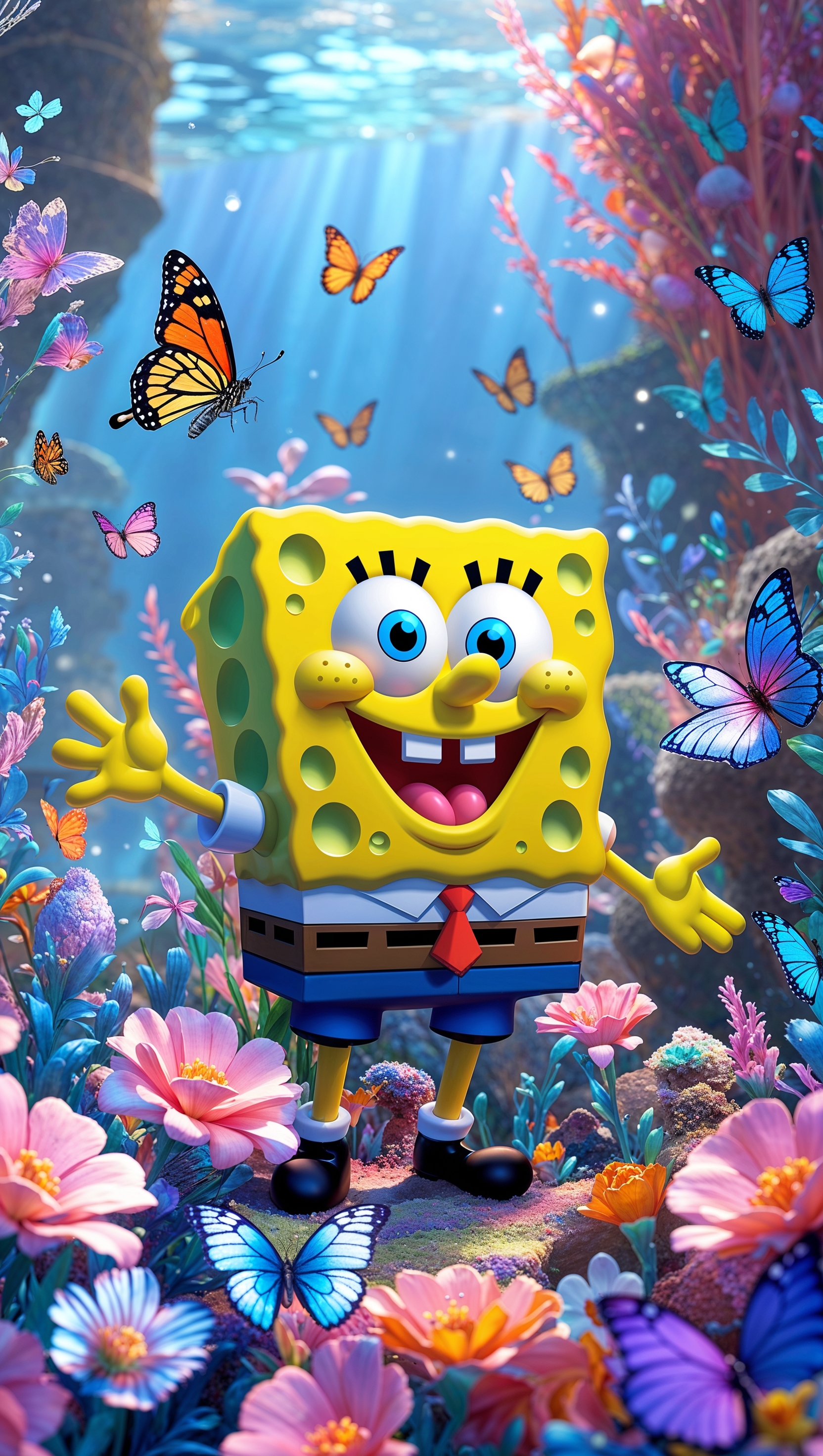 Spongebob in an undersea flower garden with butterflies for iPhone wallpaper