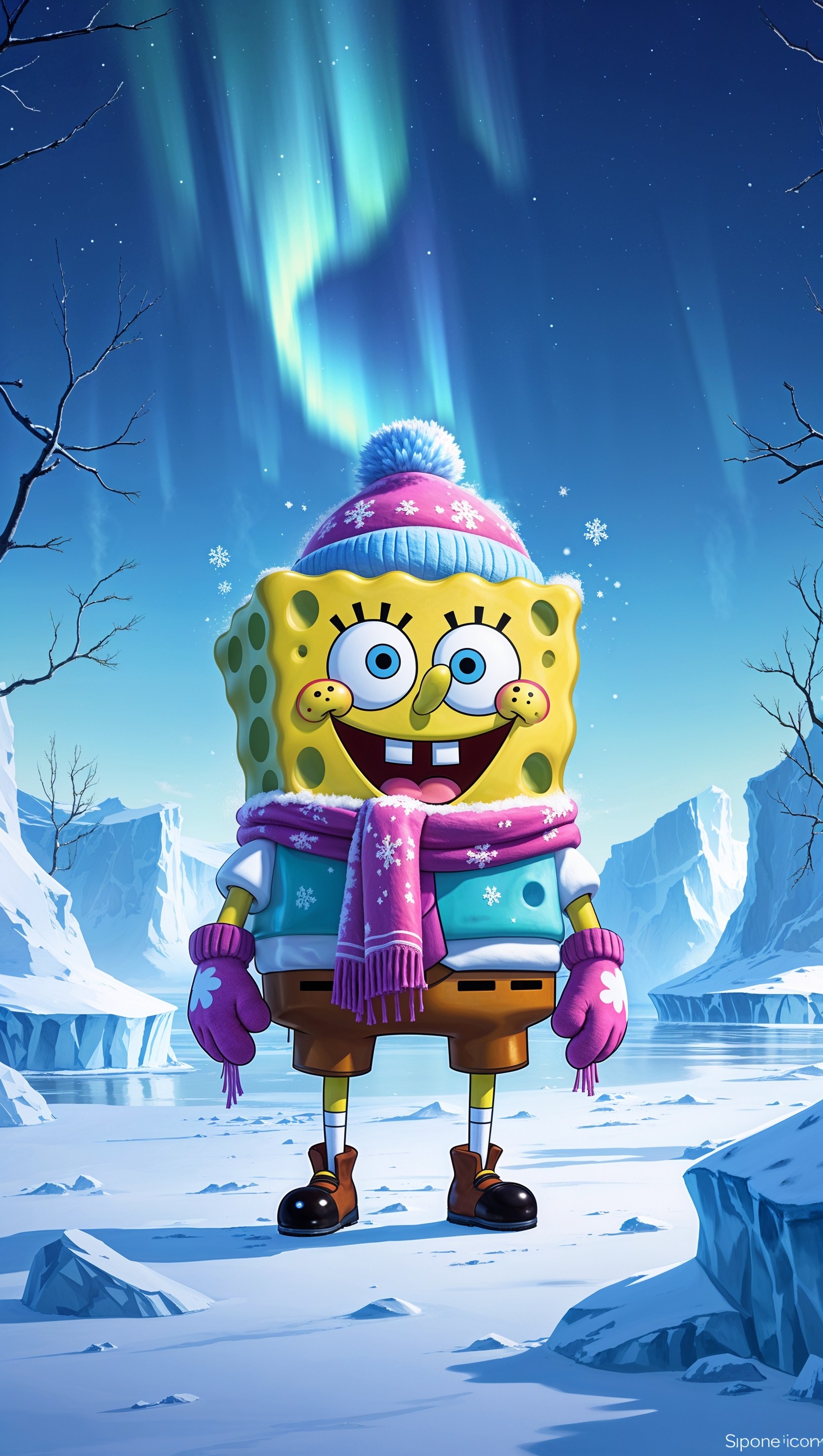 Spongebob in winter clothes in a frozen world for iPhone wallpaper