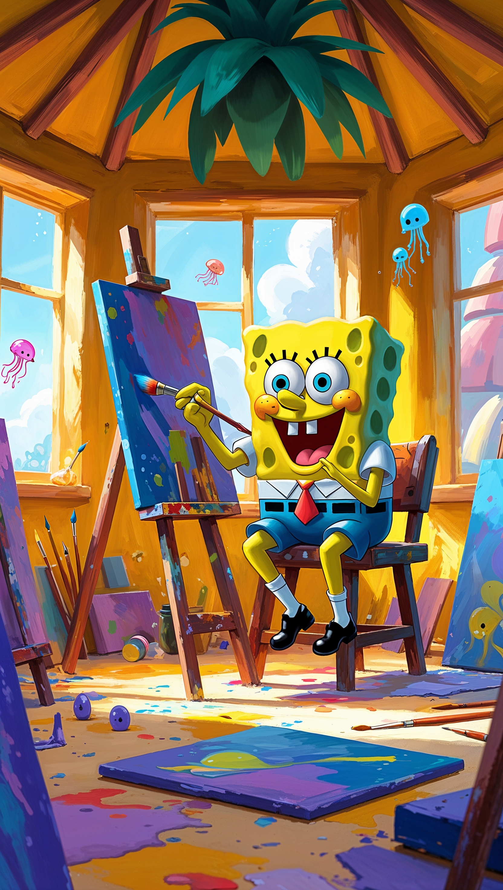 Spongebob painting in his pineapple house for iPhone wallpaper
