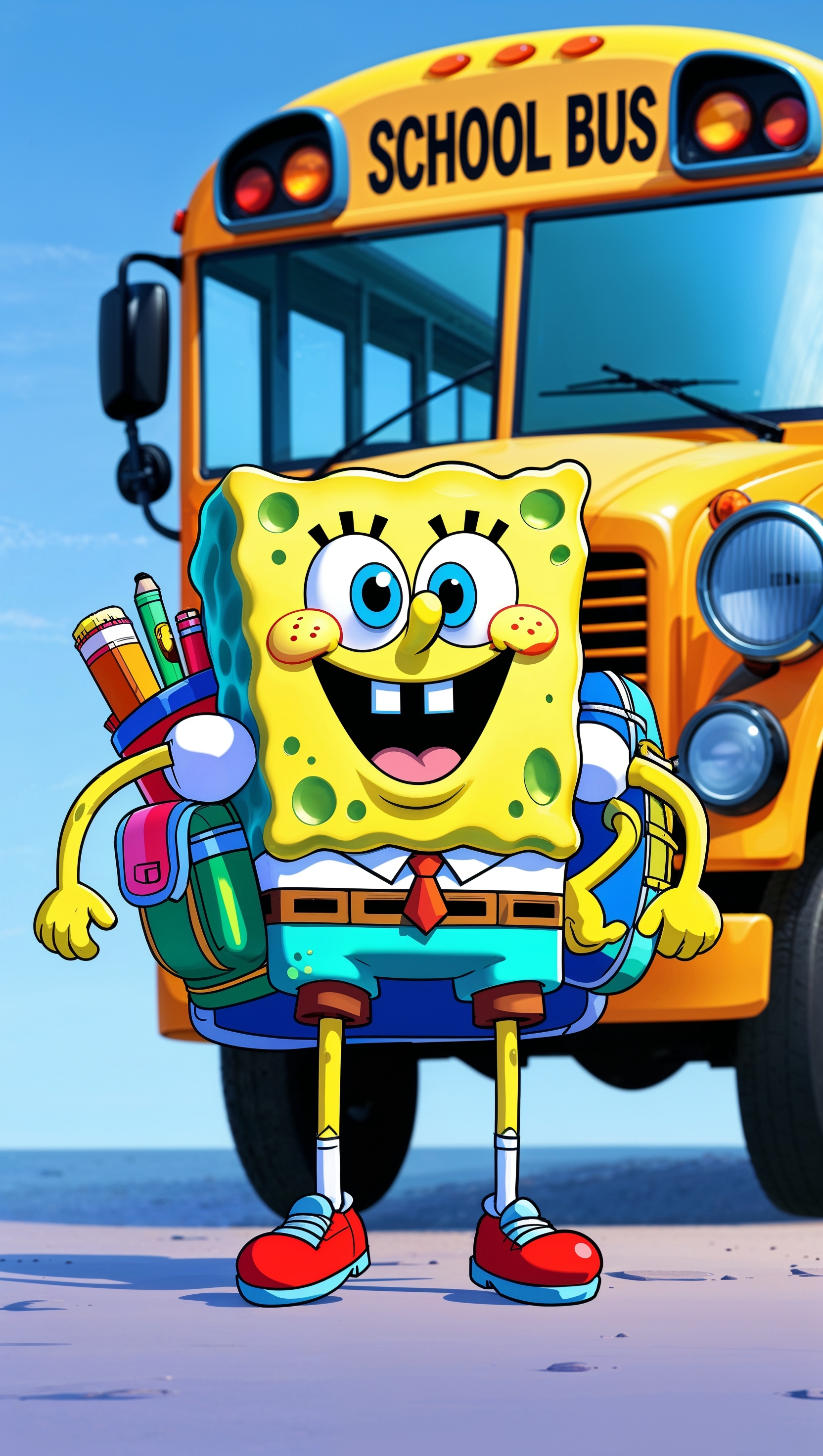 Spongebob on the first day of school with a backpack for iPhone wallpaper