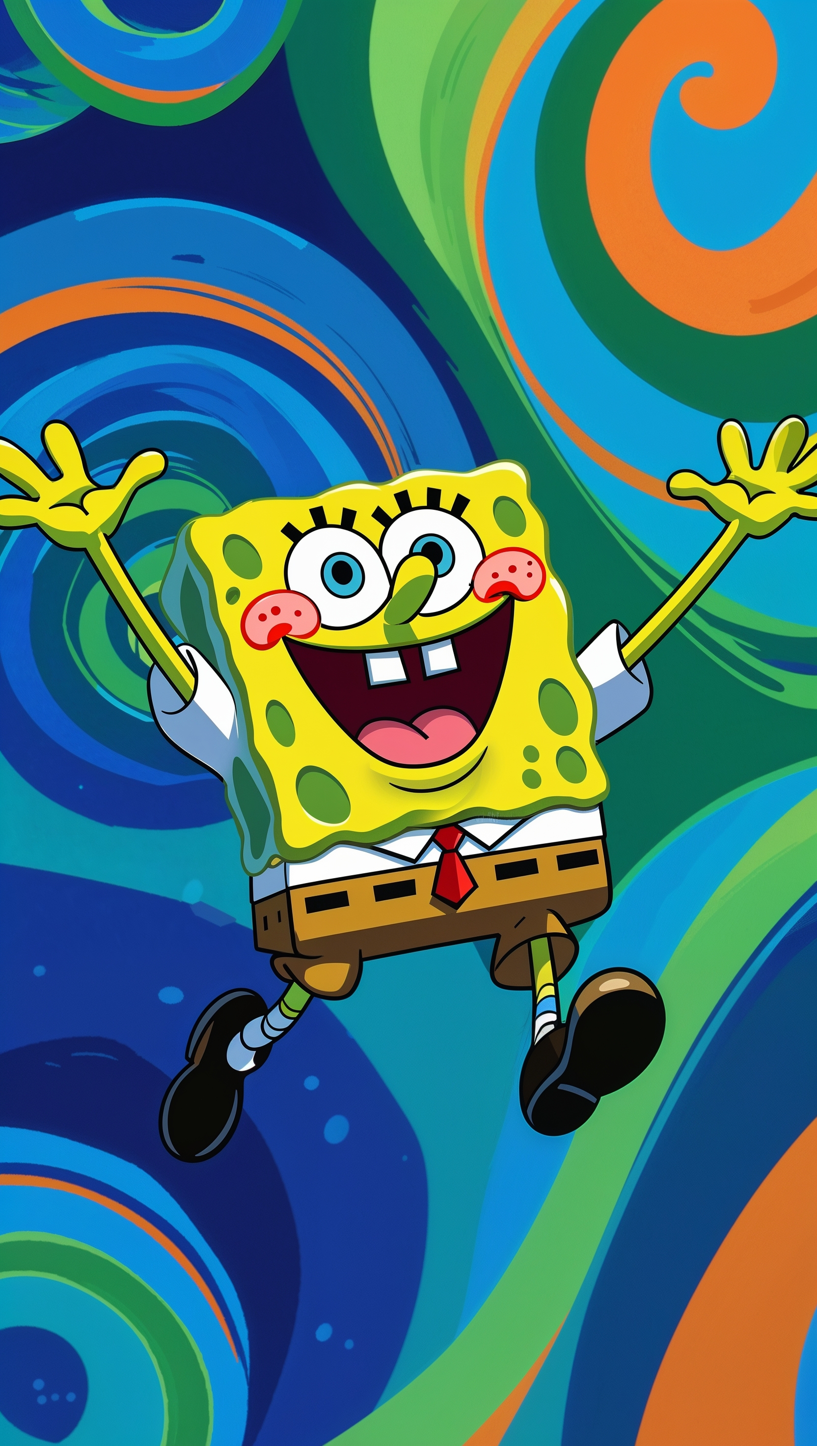Spongebob jumping with joy with a colorful background for iPhone wallpaper