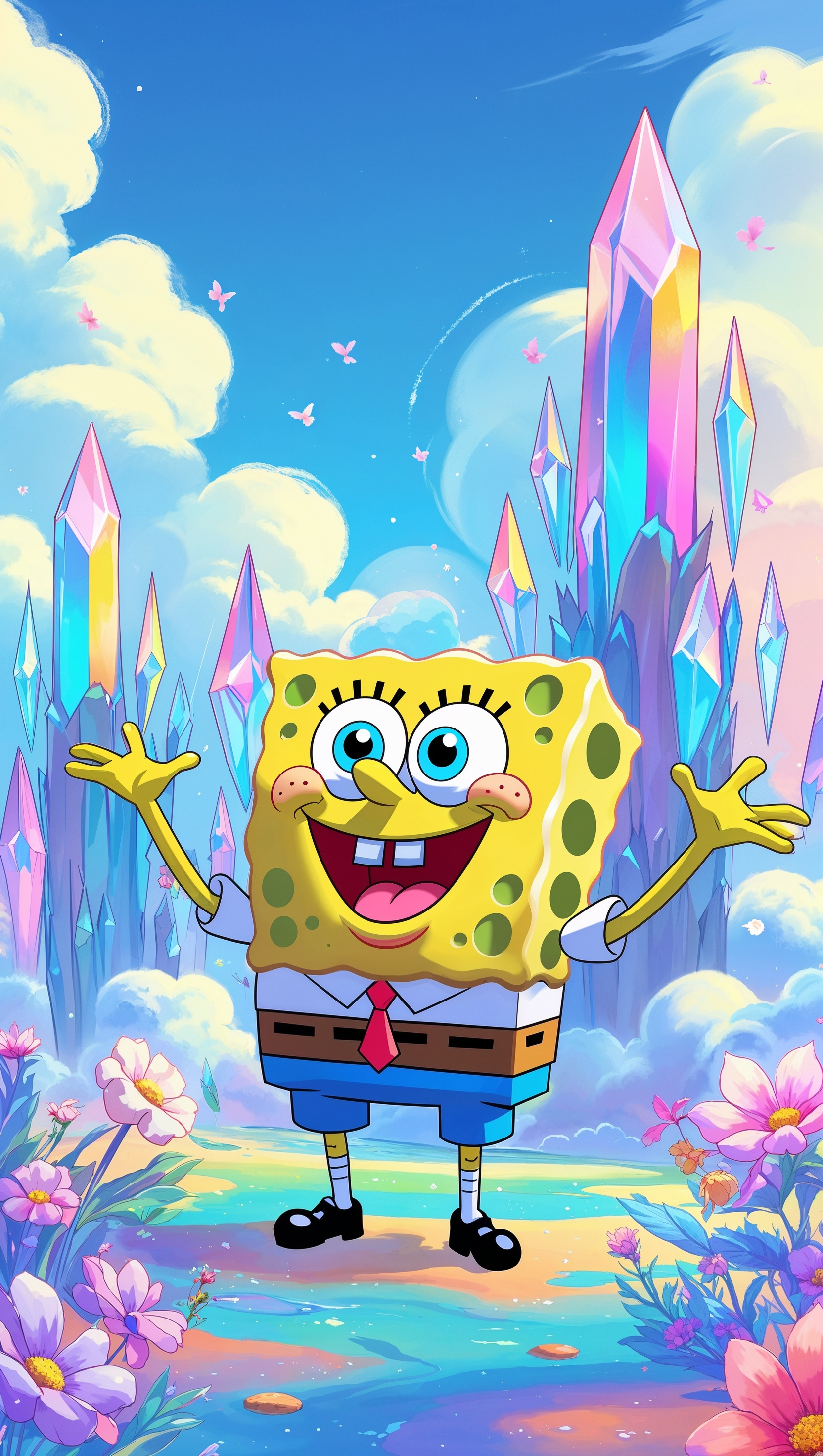 Spongebob in a pastel-colored fantasy world for iPhone wallpaper