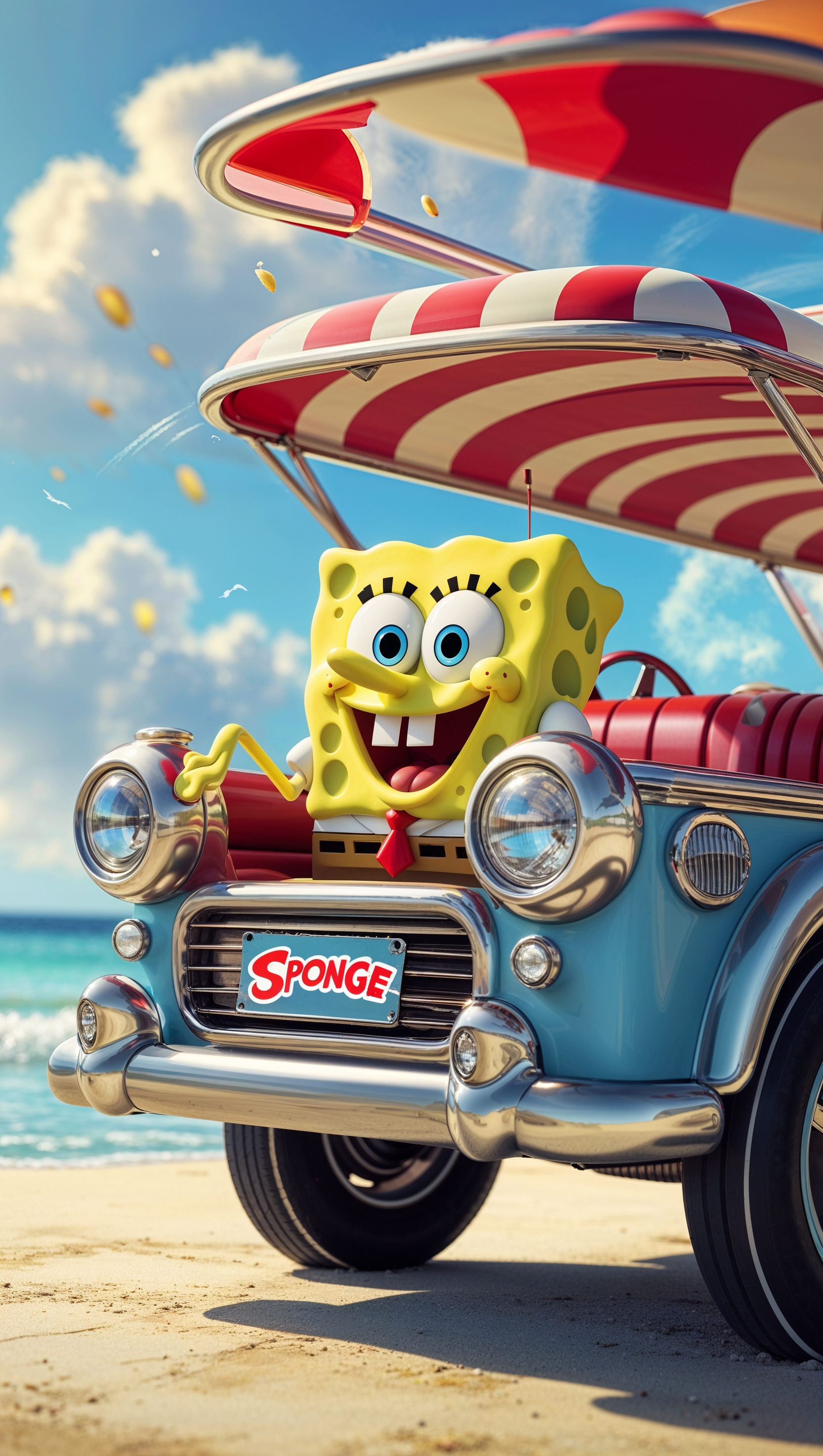 Spongebob driving a boatmobile in vintage style for iPhone wallpaper