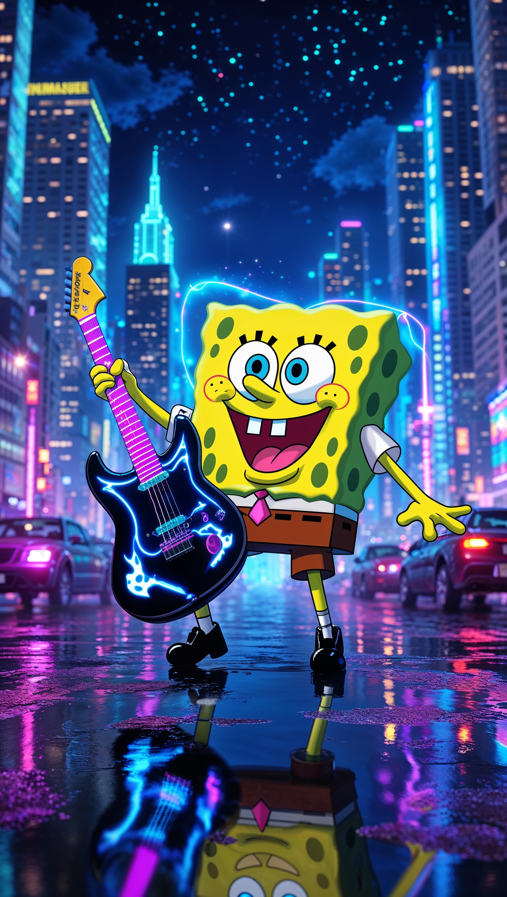 Spongebob playing guitar with neon lights at night for iPhone wallpaper