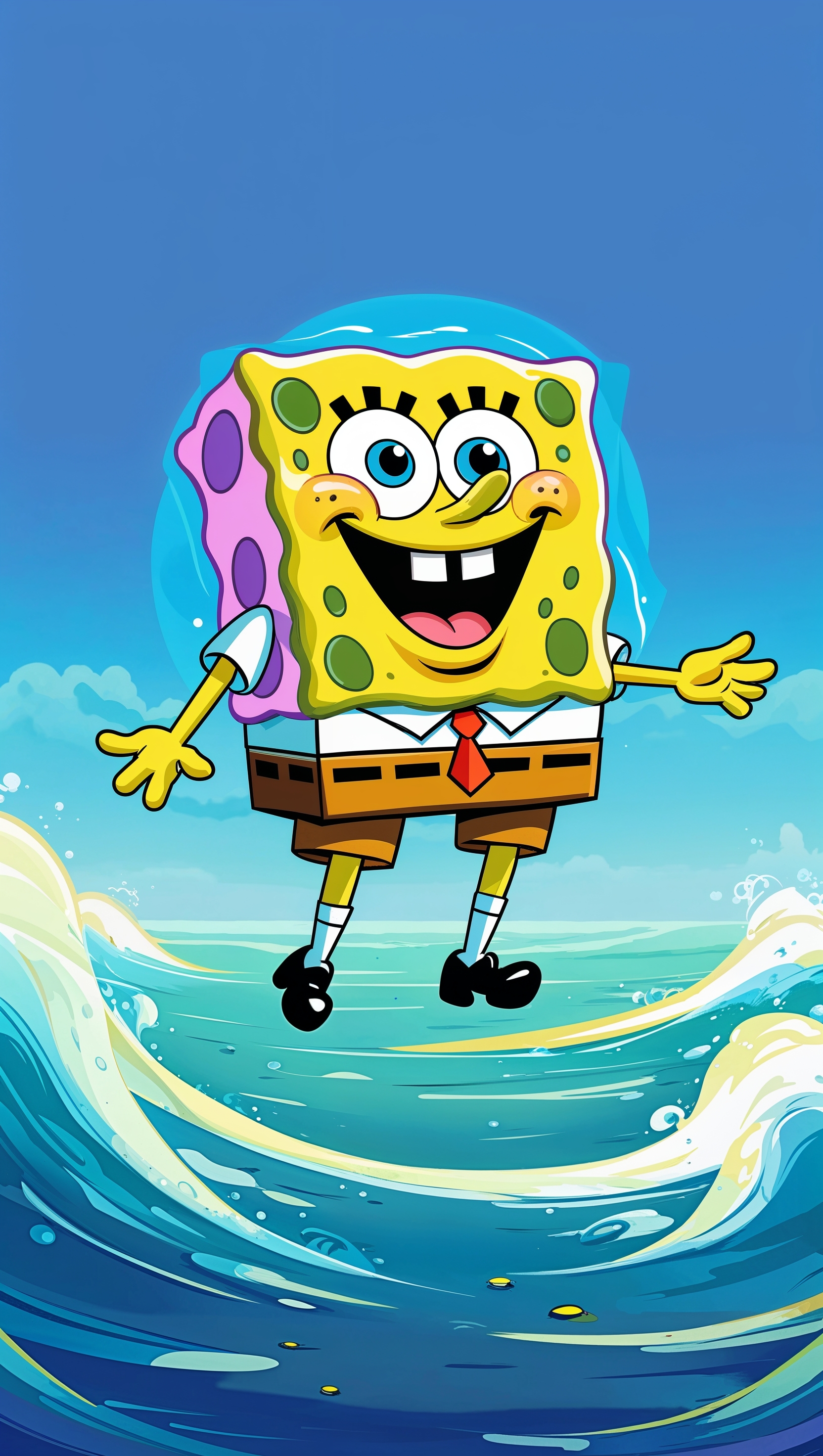 Spongebob with a blue ocean background in cartoon style for iPhone wallpaper