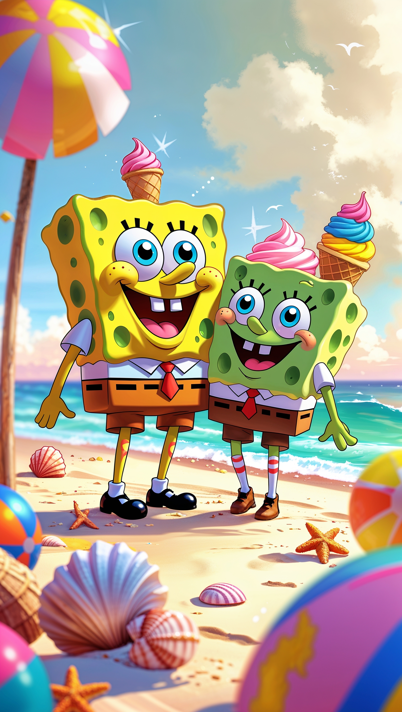 Spongebob and Patrick eating ice cream in summer for iPhone wallpaper