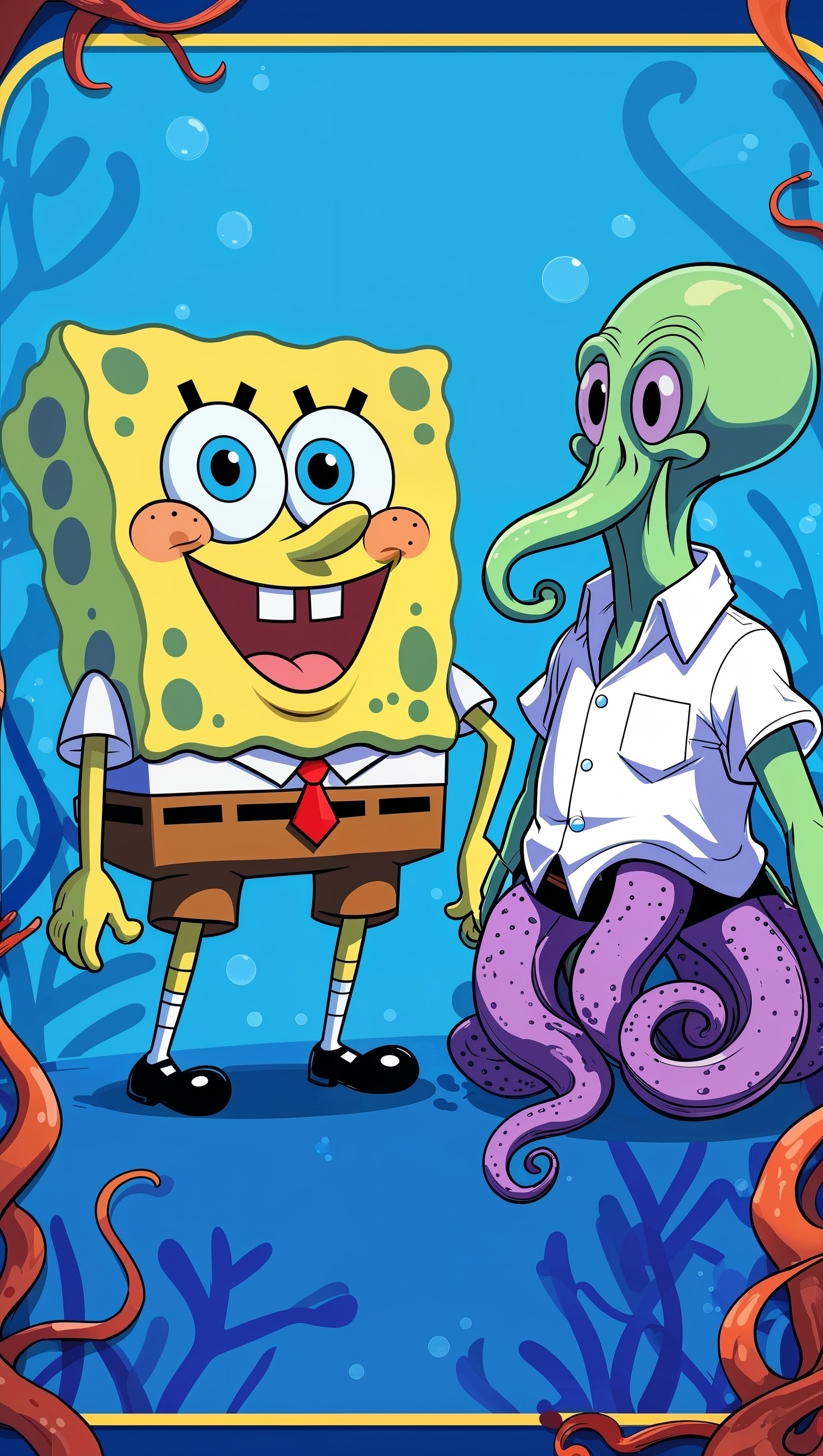 Spongebob smiling next to Squidward for iPhone wallpaper
