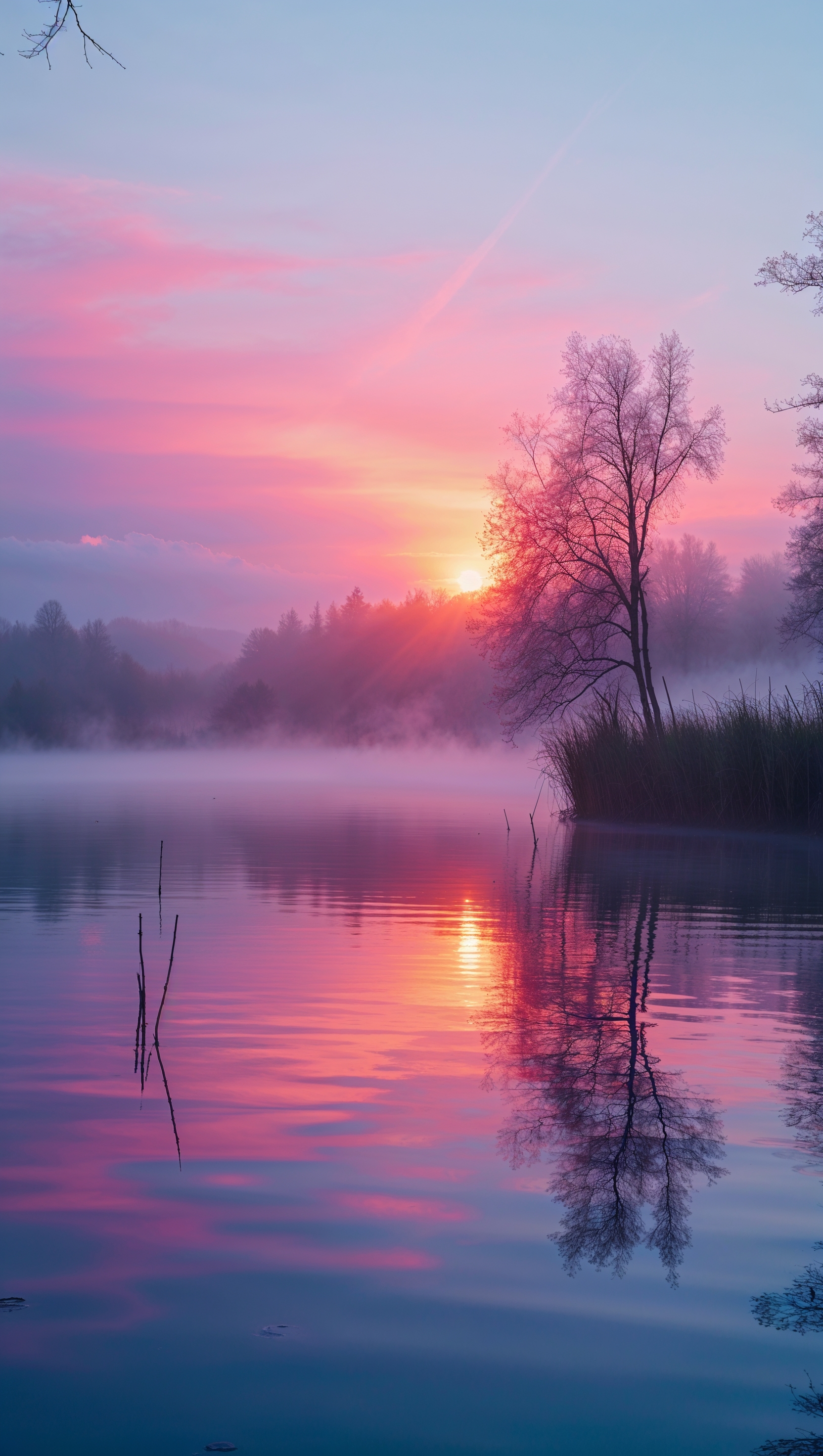 Sunrise by a calm lake with reflection in water