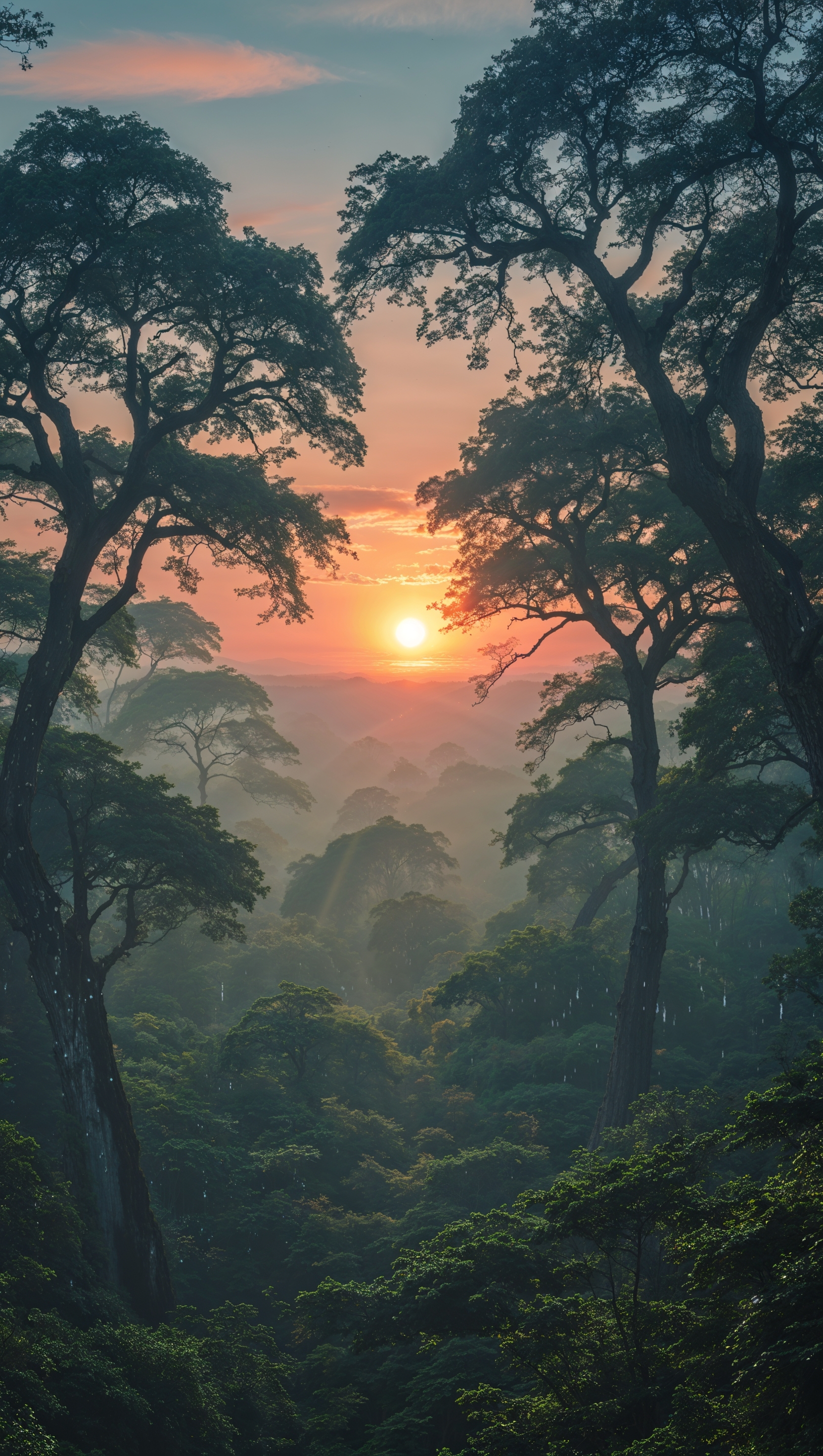 Sun rising behind a dense forest