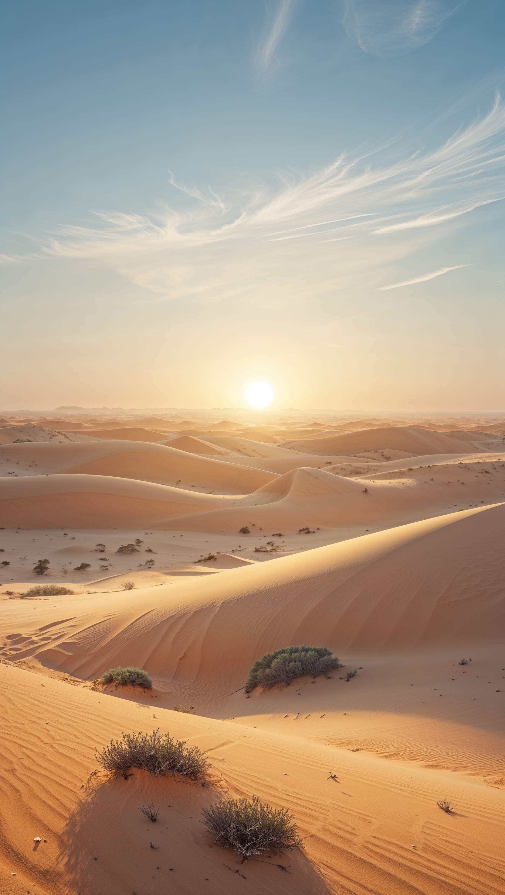 Sunrise in the desert with golden sand dunes