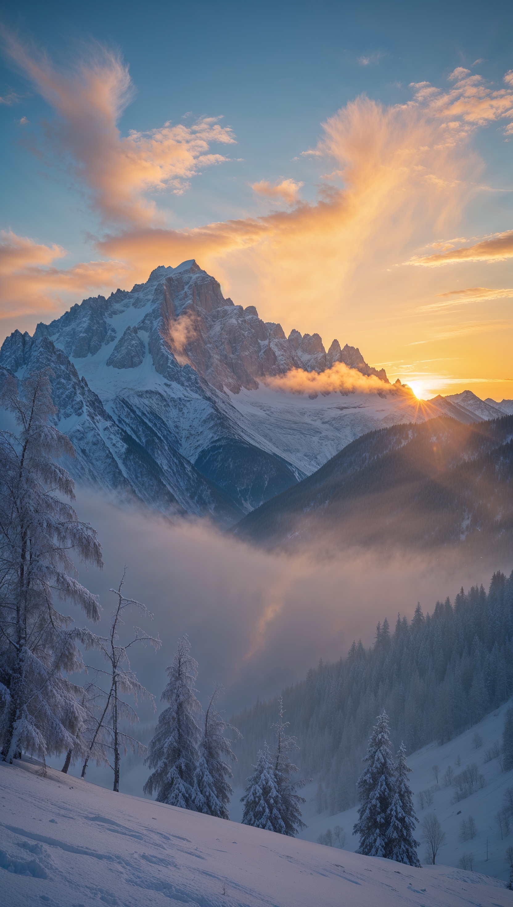 Sunrise behind snowy mountains