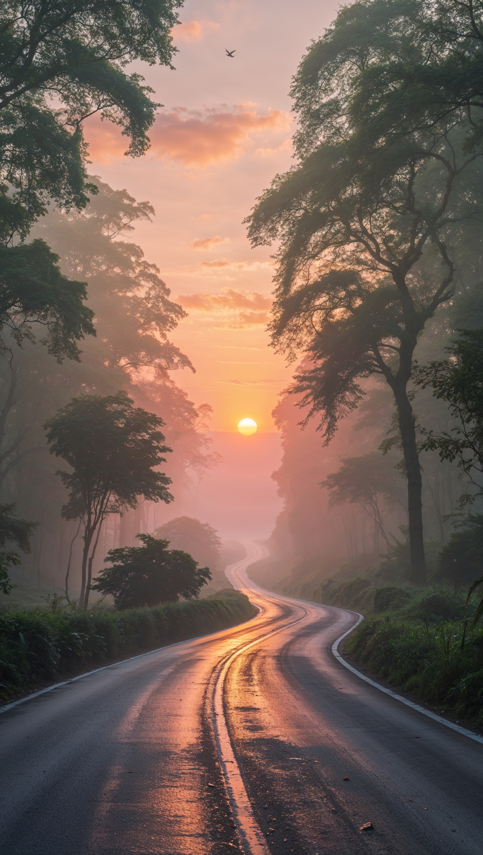 Sunrise on a peaceful road through nature