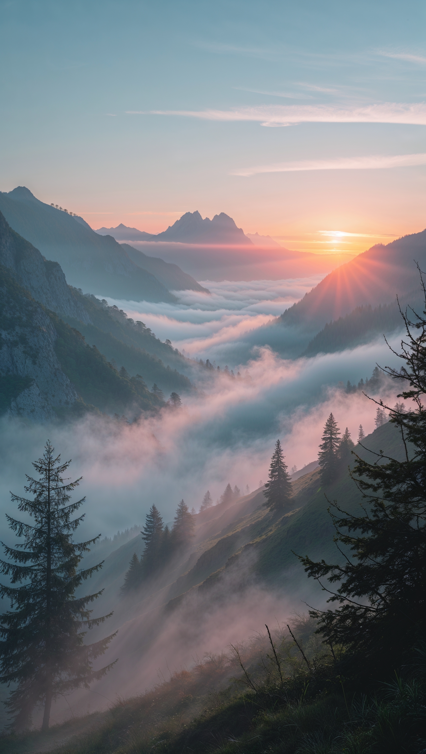 Sunrise in the mountains with morning mist