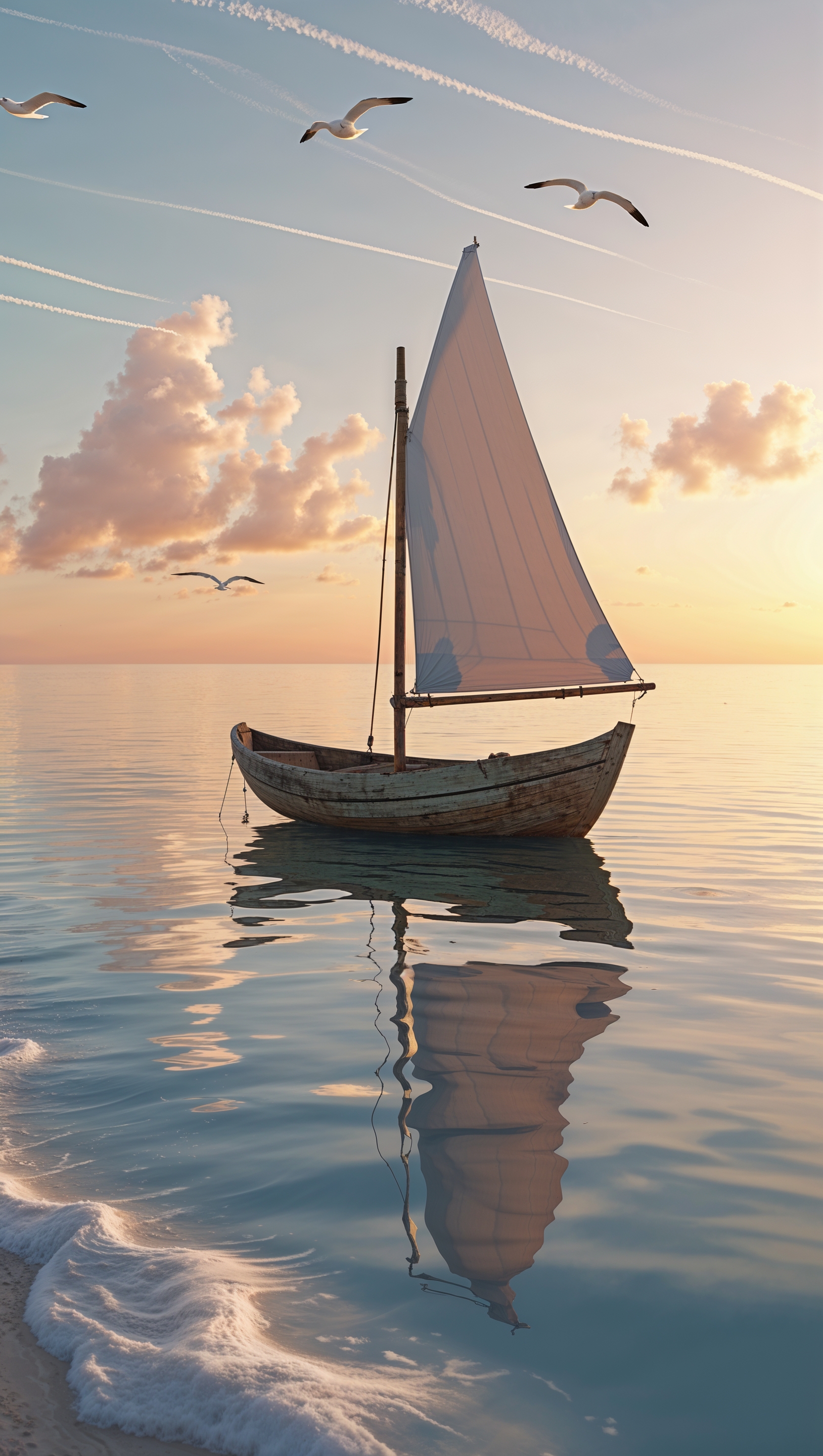 Sunrise over the calm ocean with a small boat