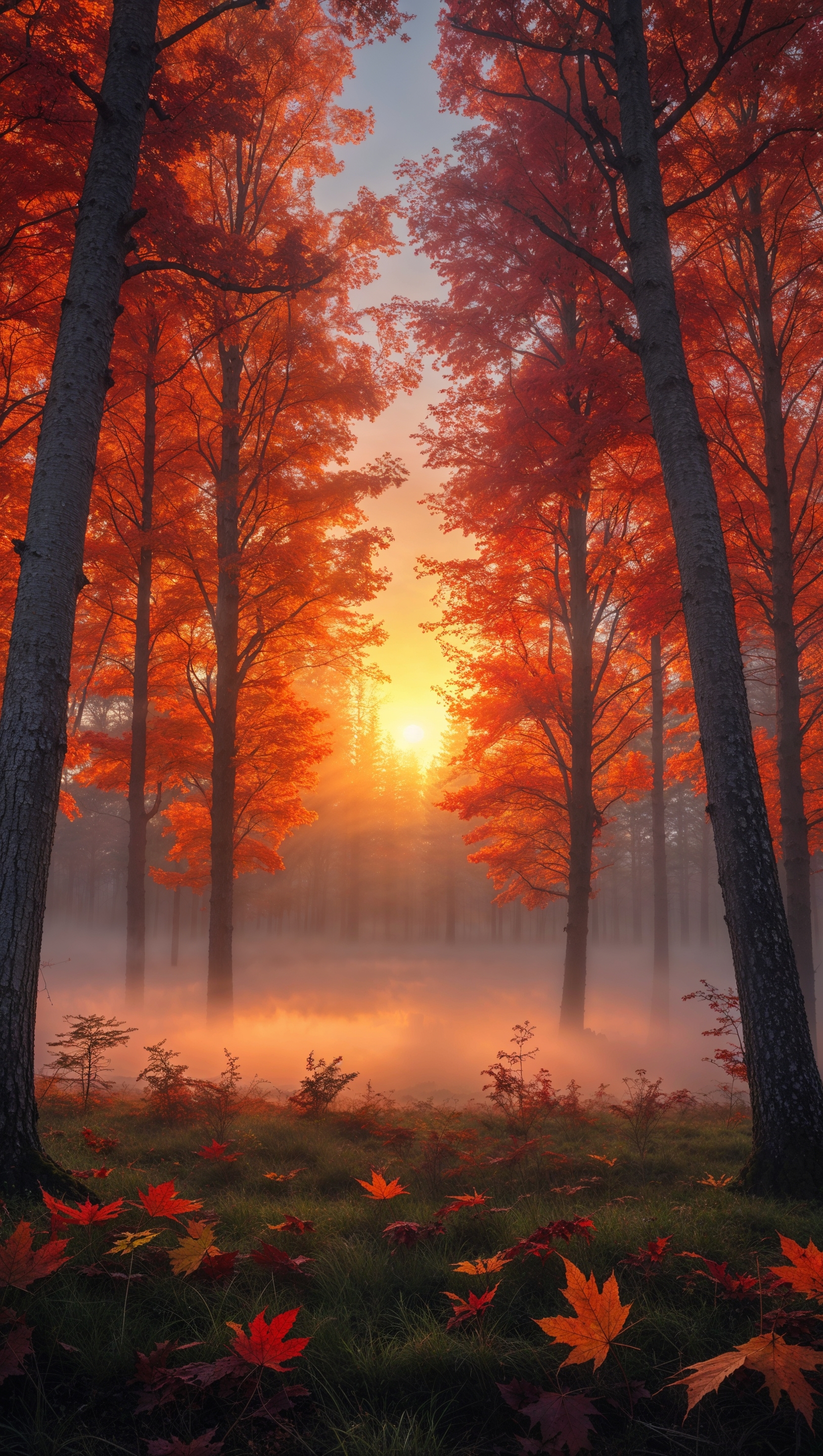 Sunrise through autumn trees