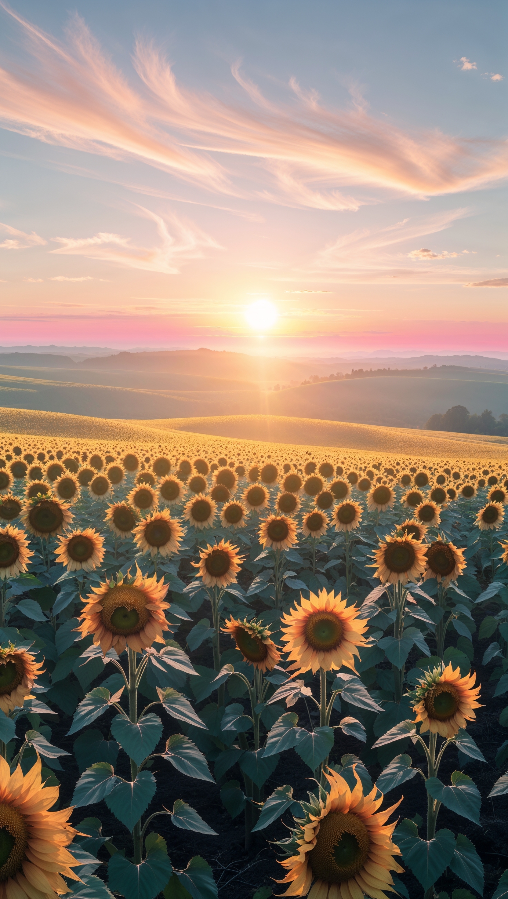 Sunrise over a sunflower field