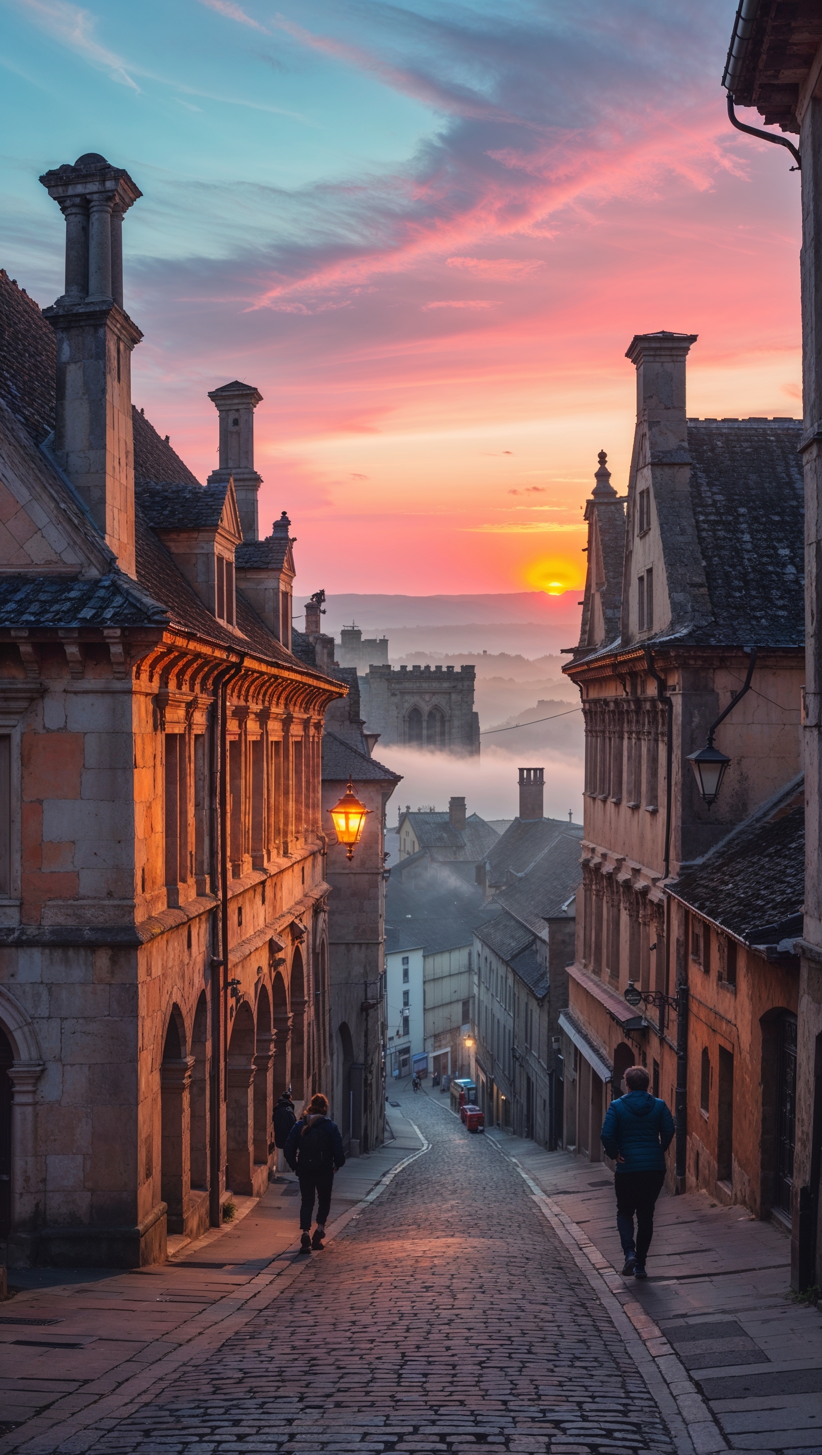 Sunrise in a historic town with old architecture
