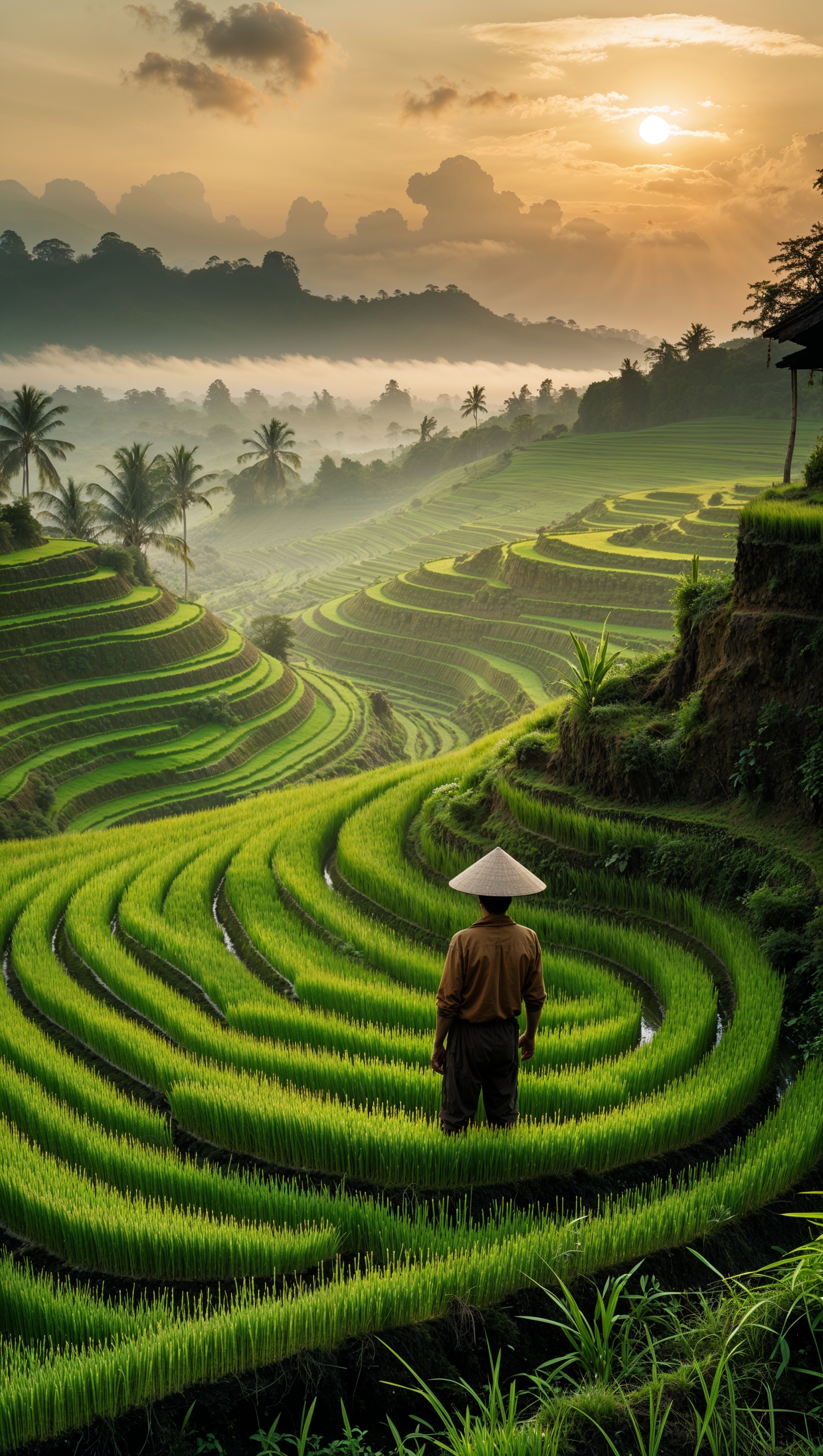 Sunrise over terraced rice fields