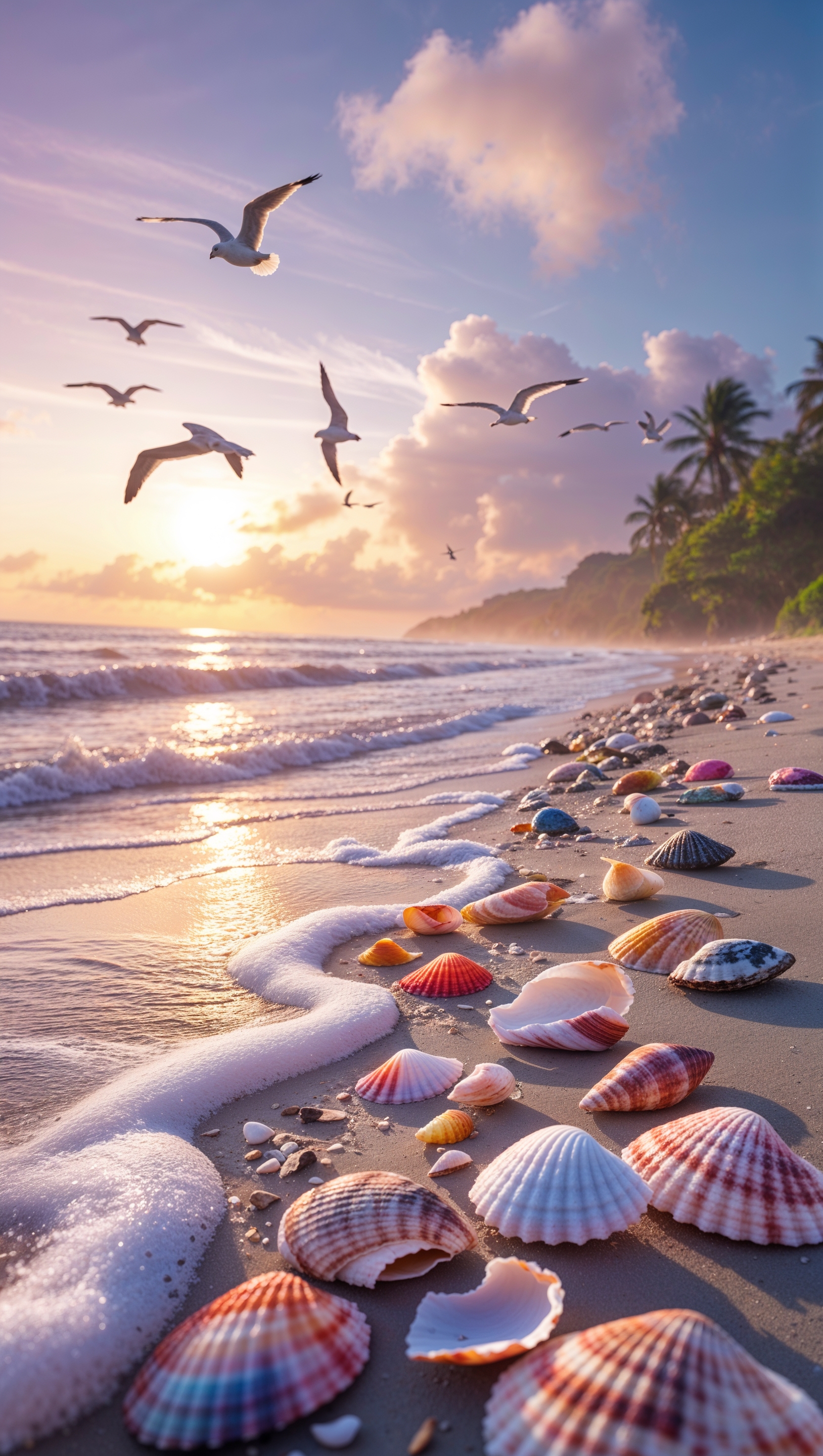 Sunrise at a beach with colorful shells and stones