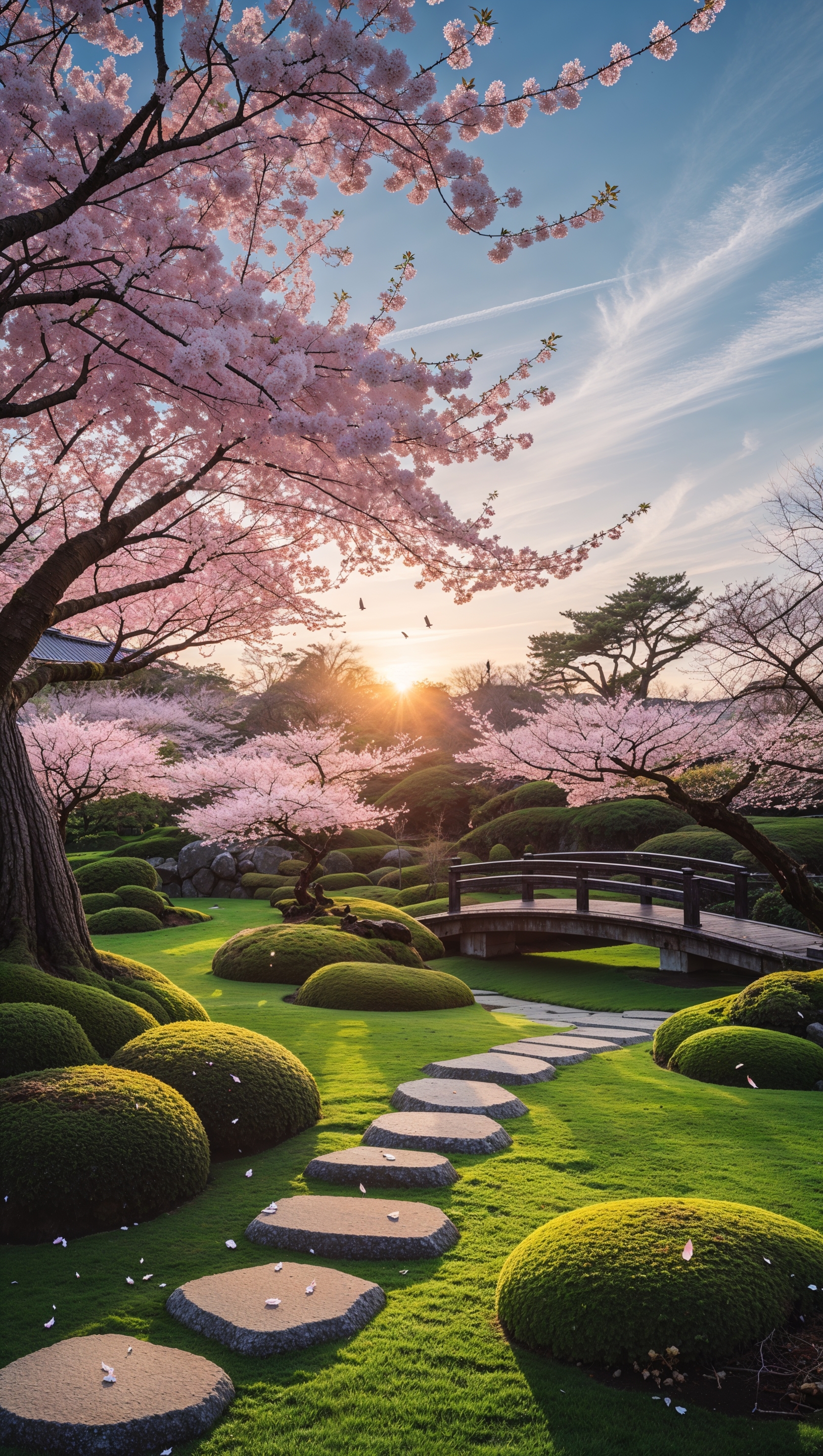 Sunrise in a Japanese garden with cherry blossom trees