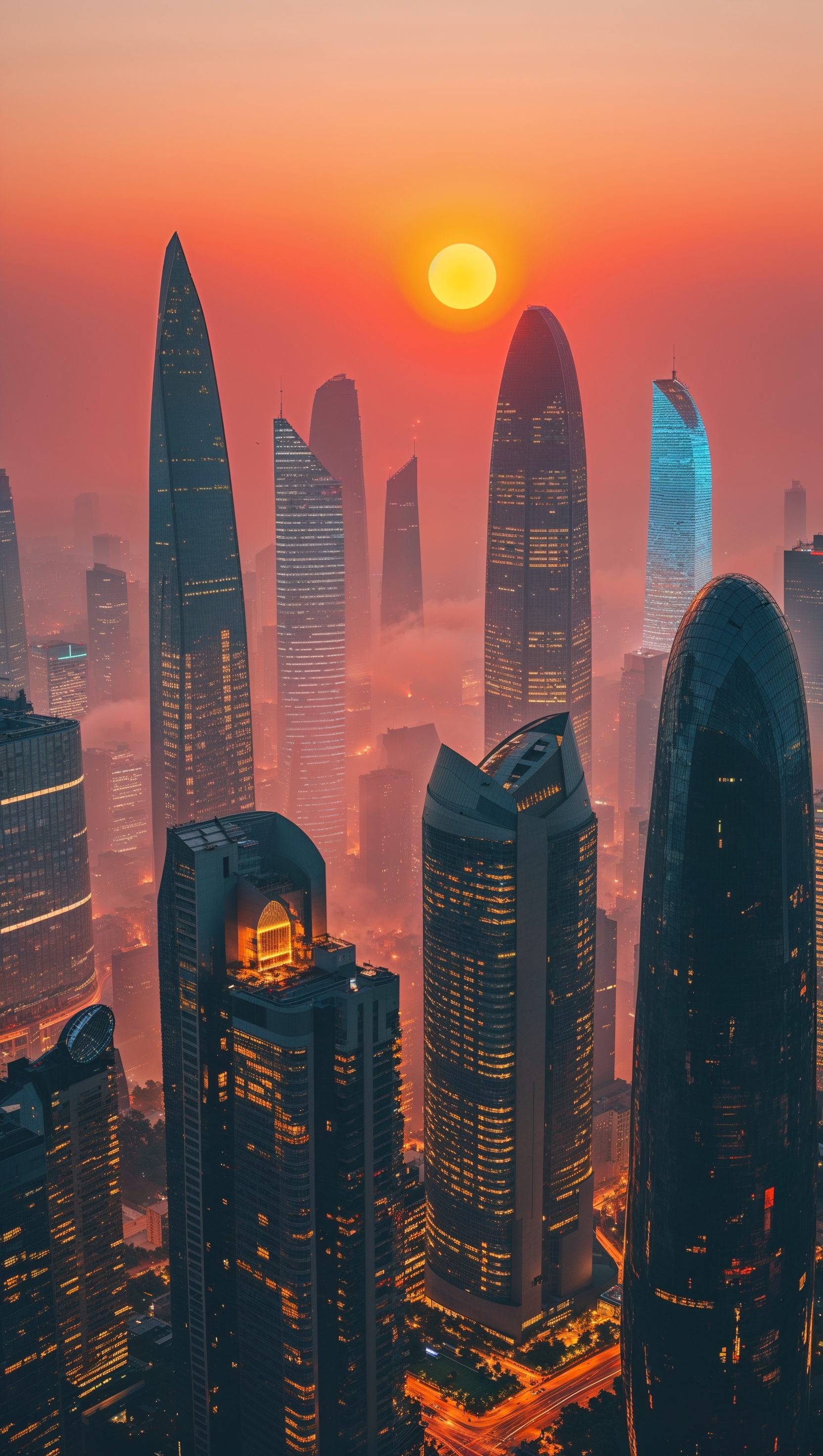 Sunrise in the city with skyscrapers glowing orange