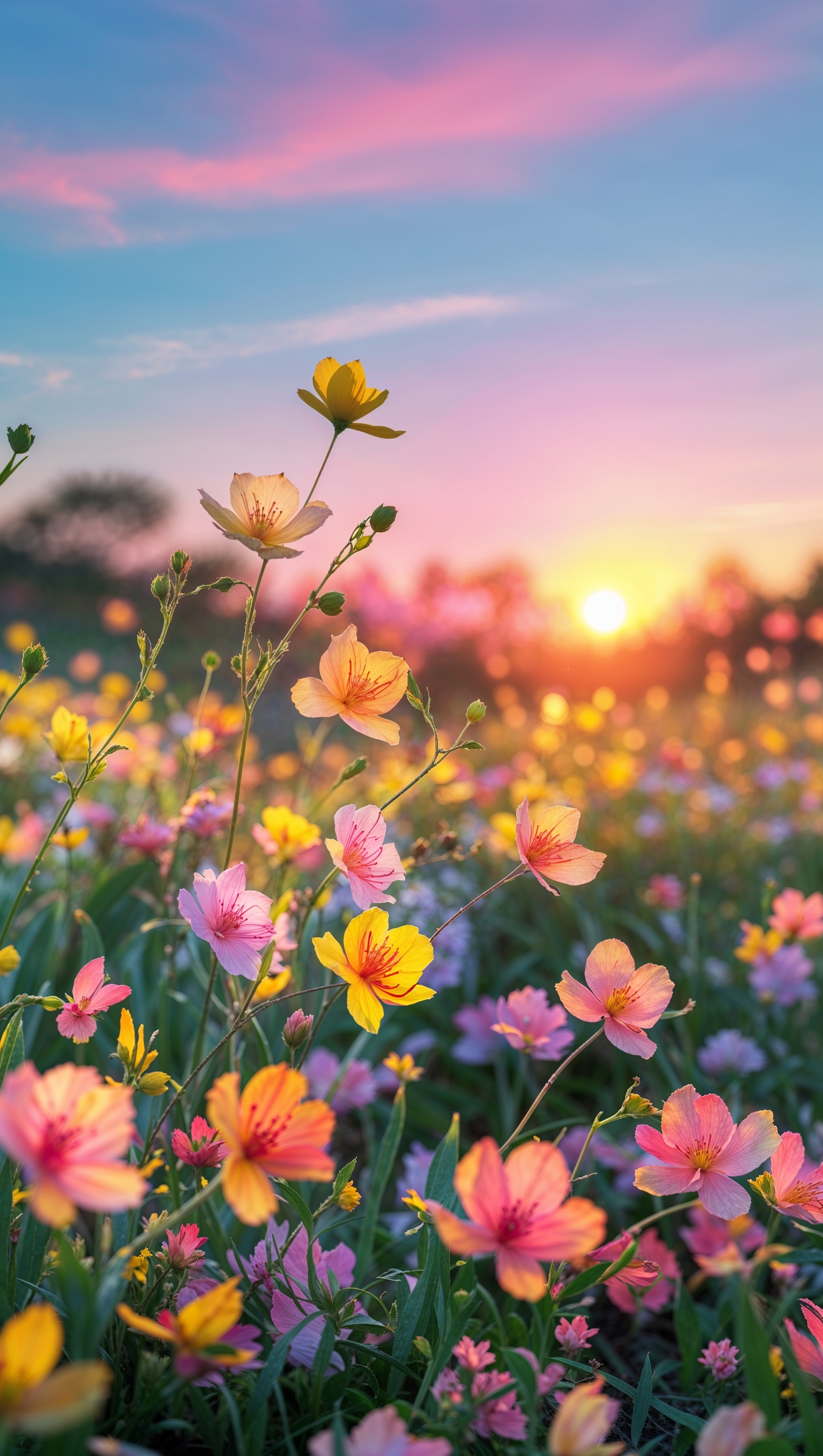 Sunrise in nature with colorful flowers in the foreground