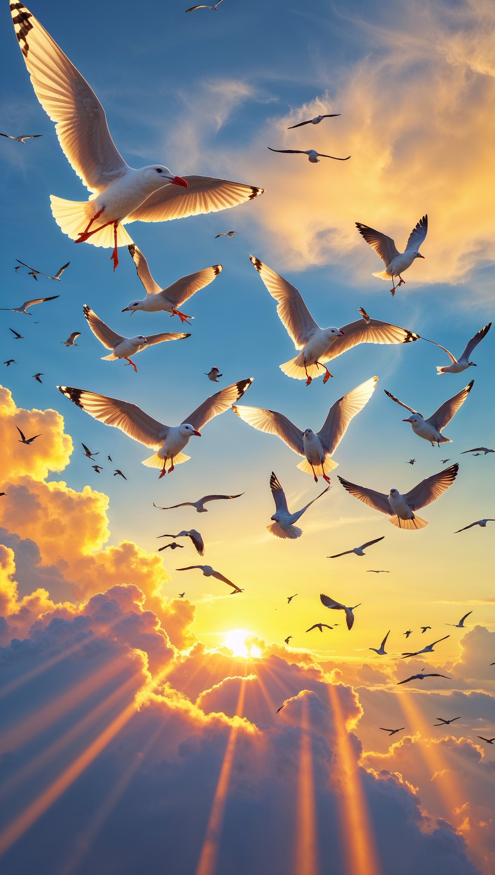 Sunrise scene with birds flying in the sky