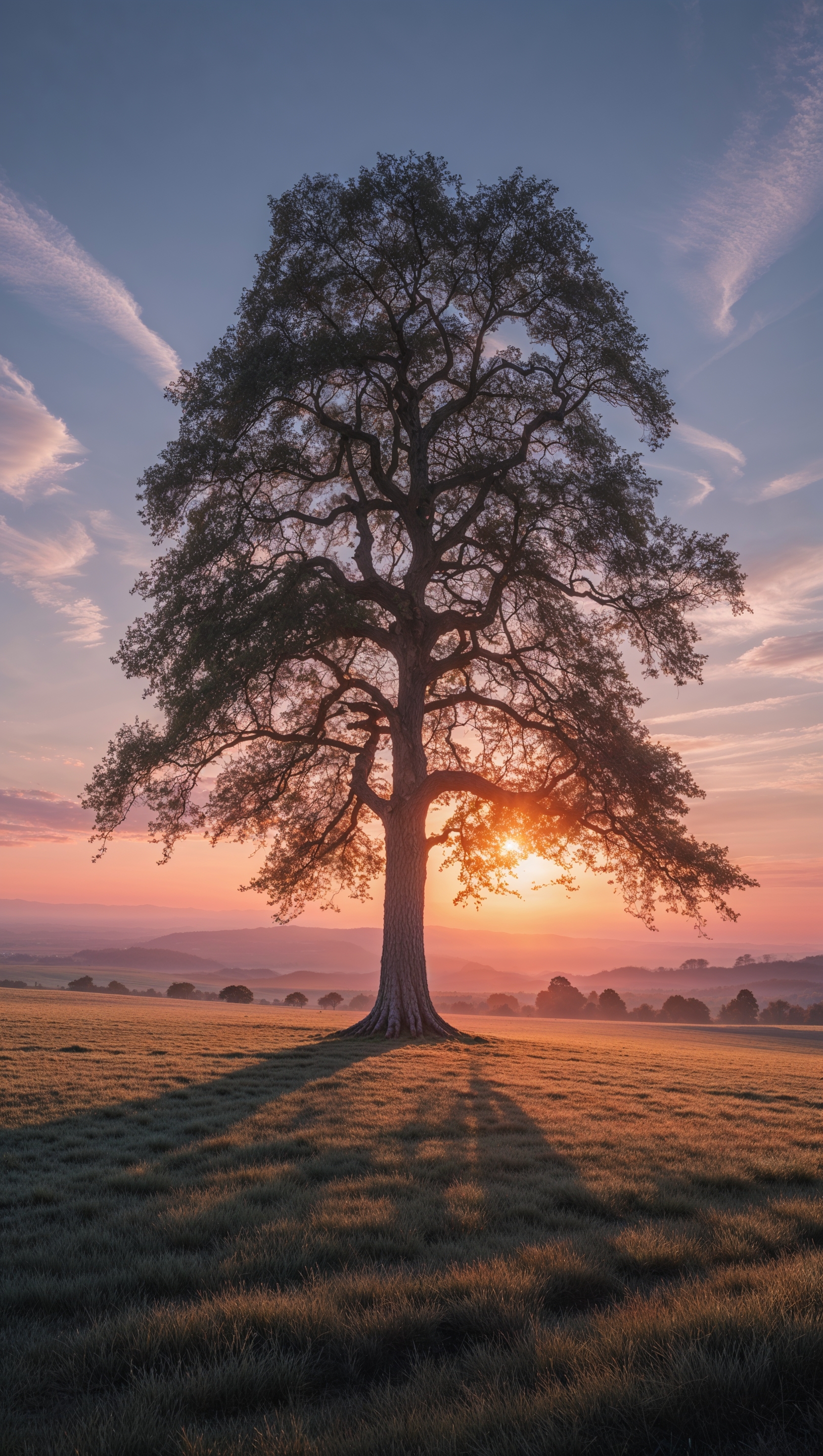 Lonely tree in a field under sunrise light