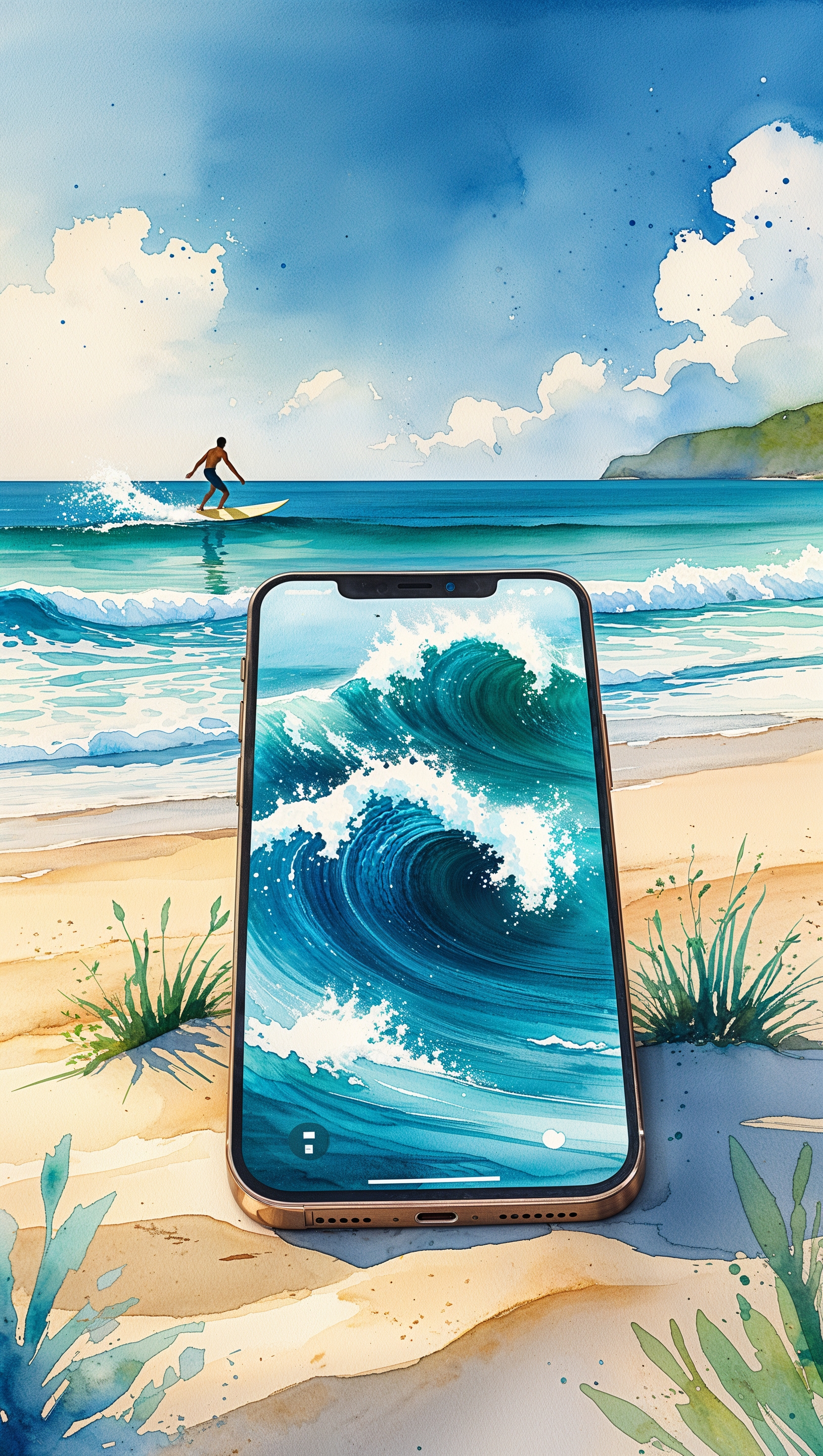 Watercolor style iPhone surfing wallpaper