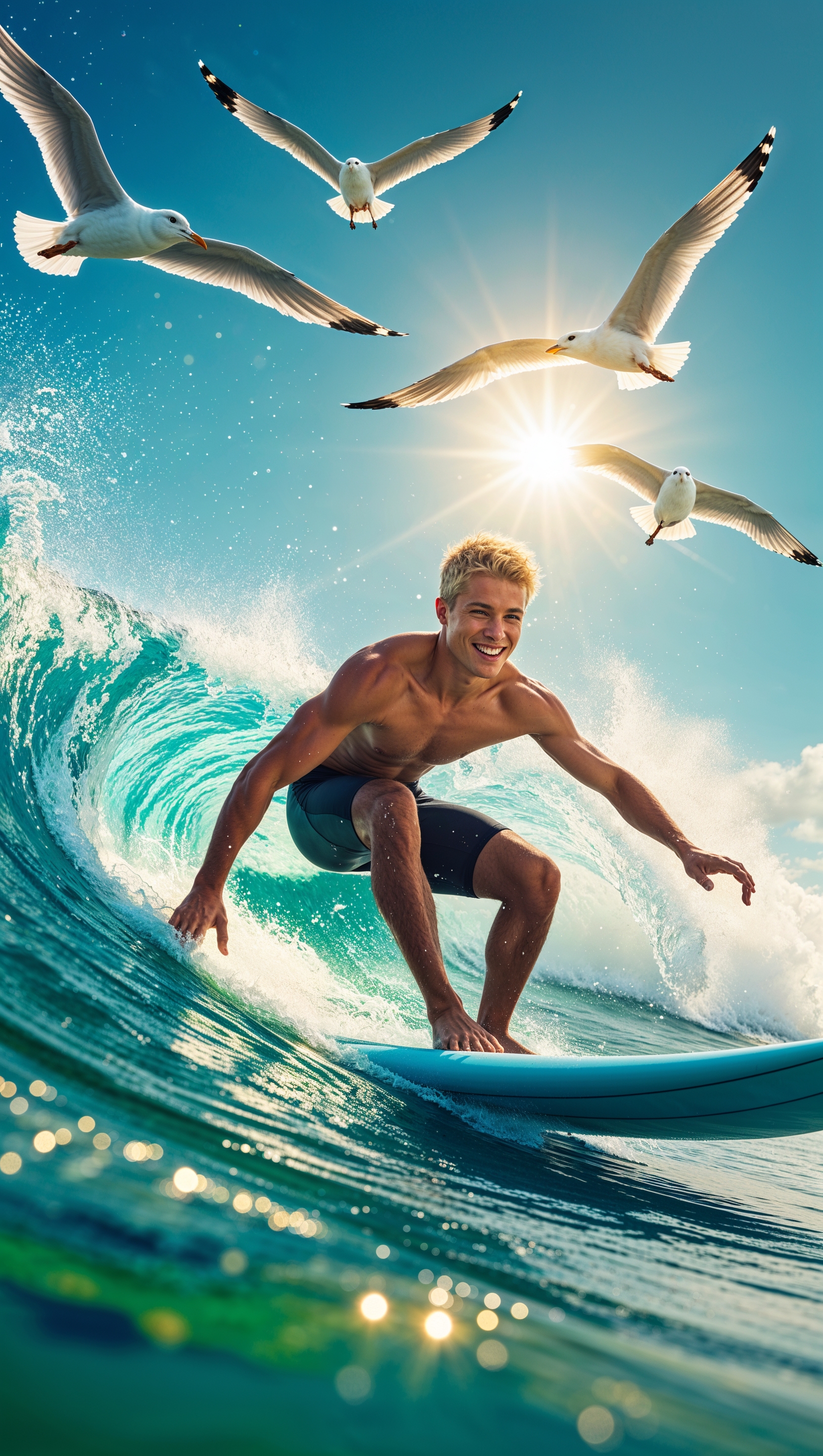 iPhone surfing wallpaper with surfer and seagulls