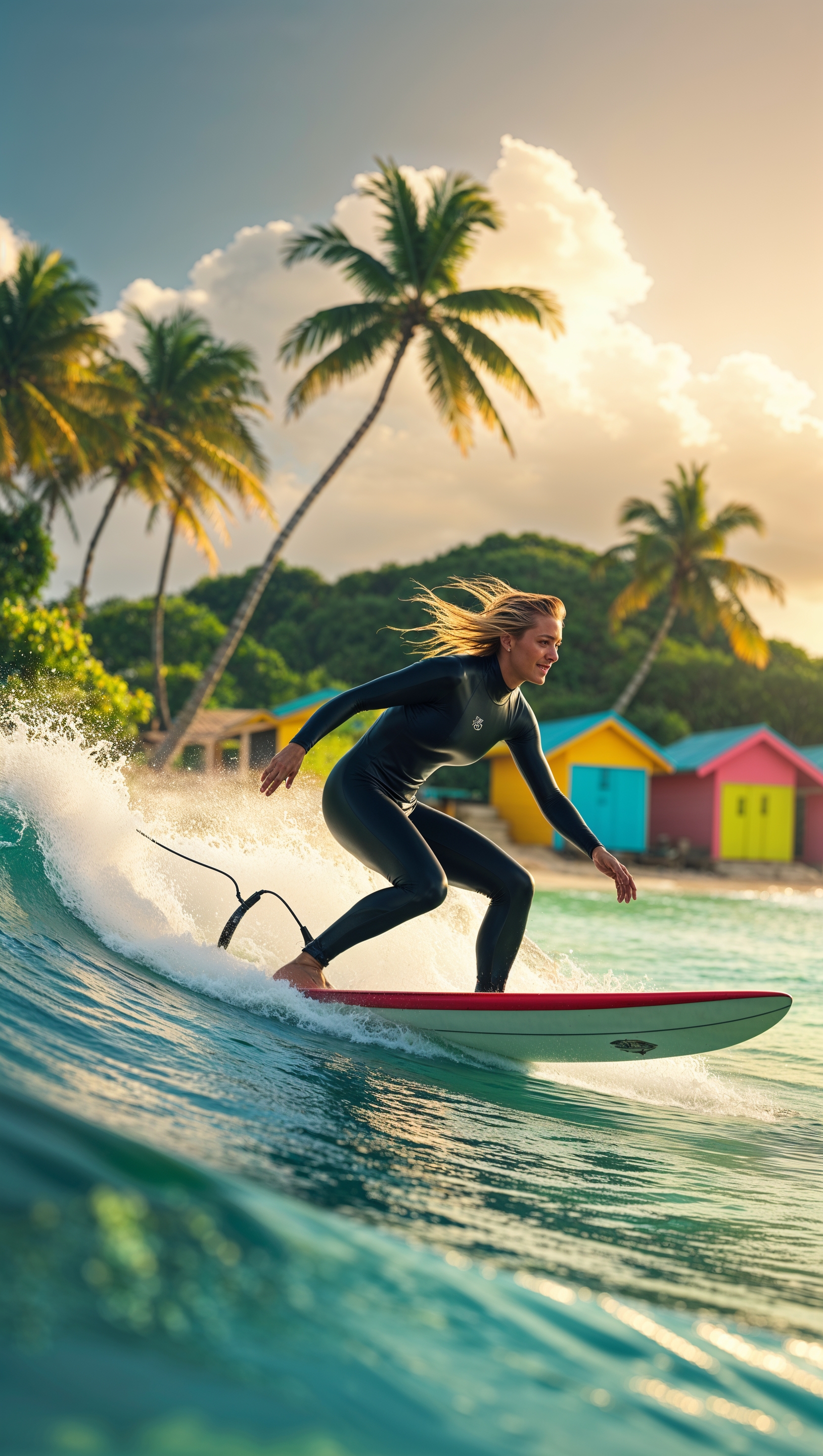 iPhone surfing wallpaper with surfer on tropical beach