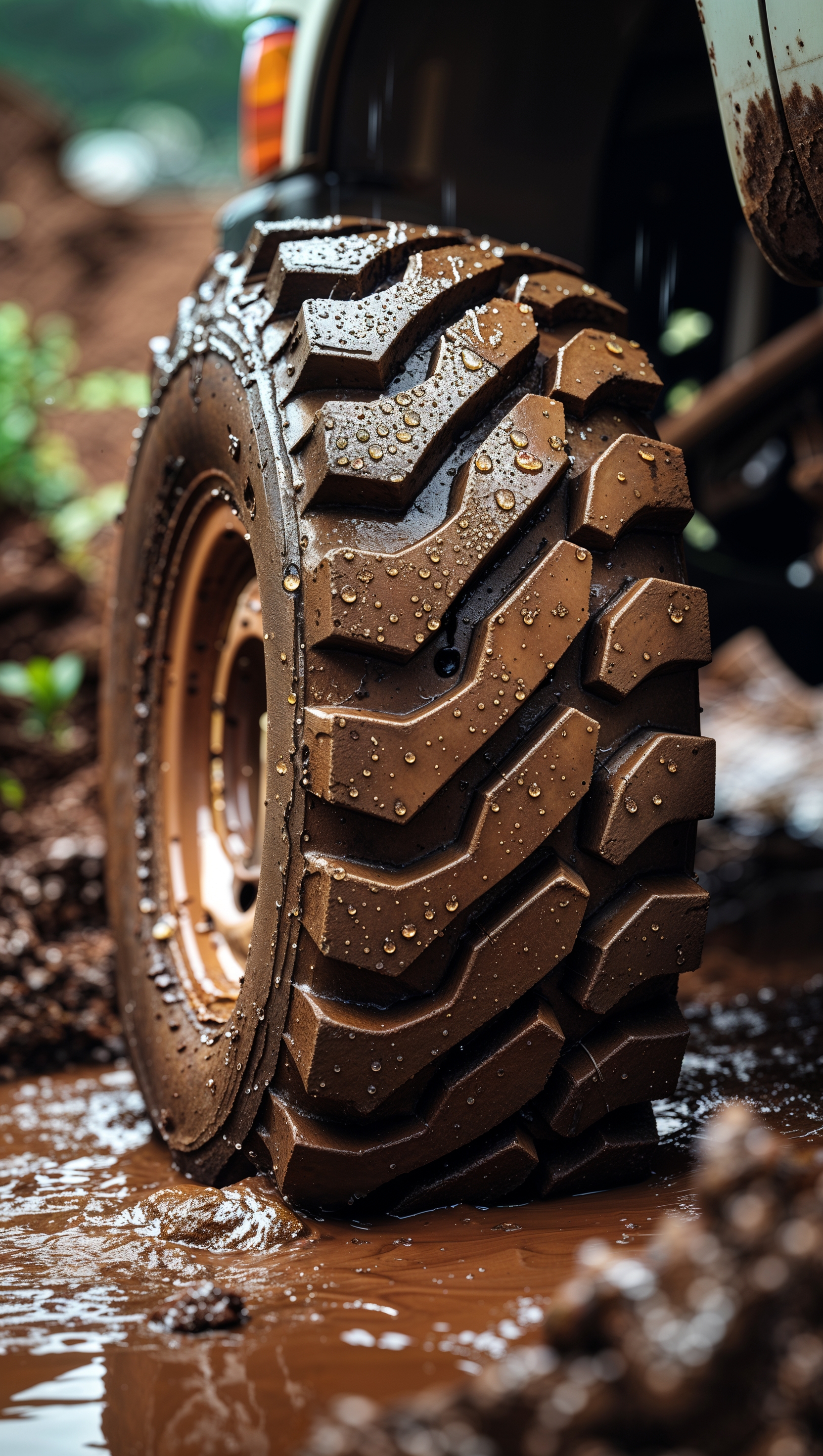 Close-up of truck’s big tires in mud