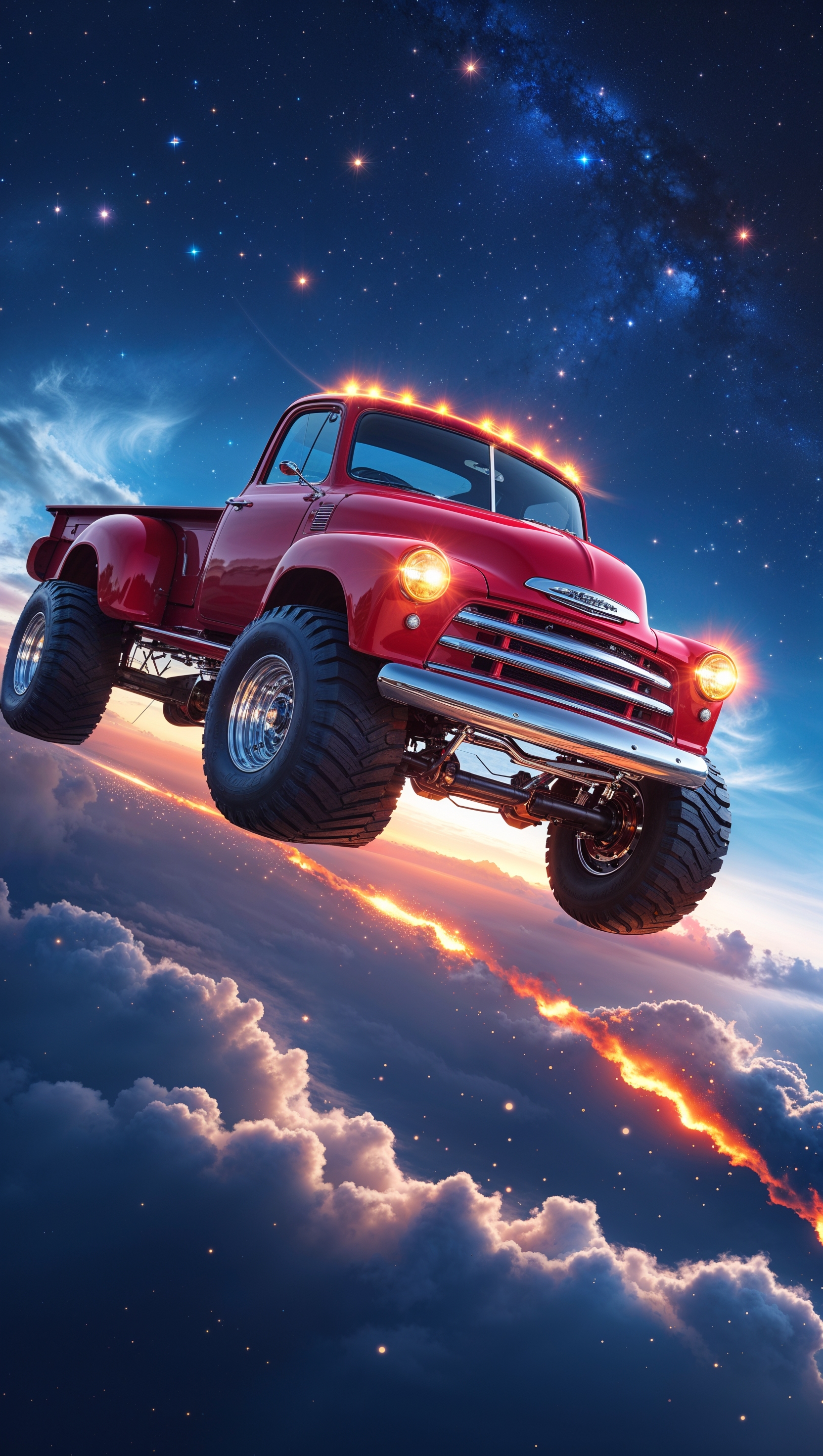 Fantasy flying truck in the night sky