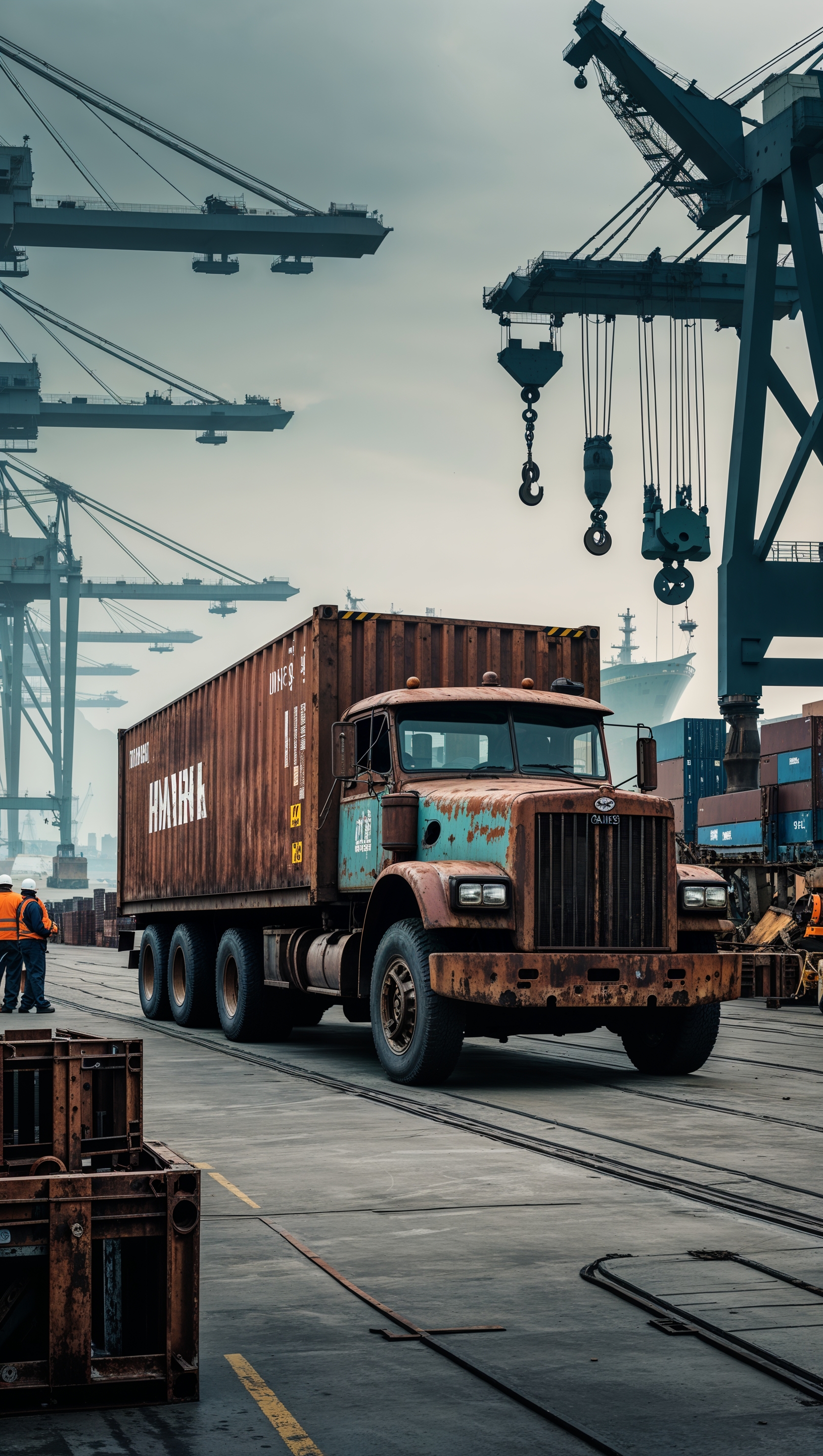 Truck loading at the port, industrial background