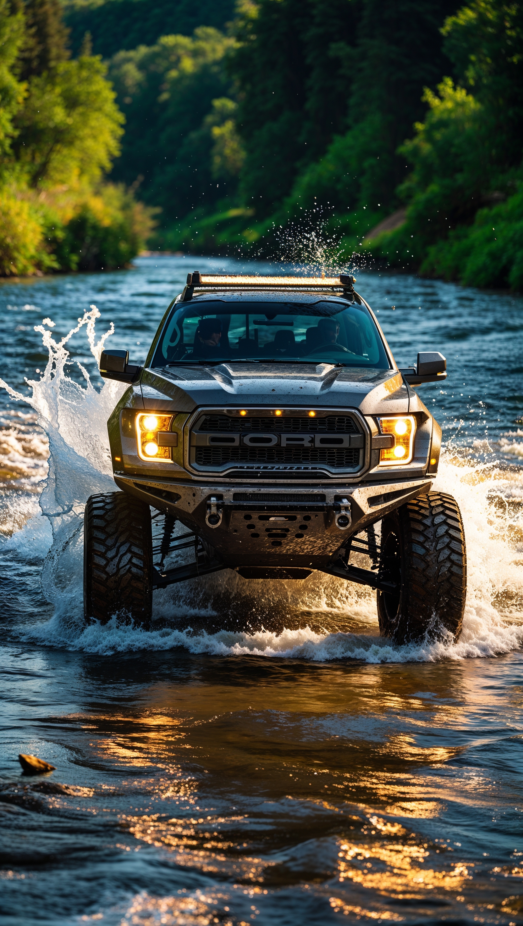 Off-road truck crossing a river, action scene