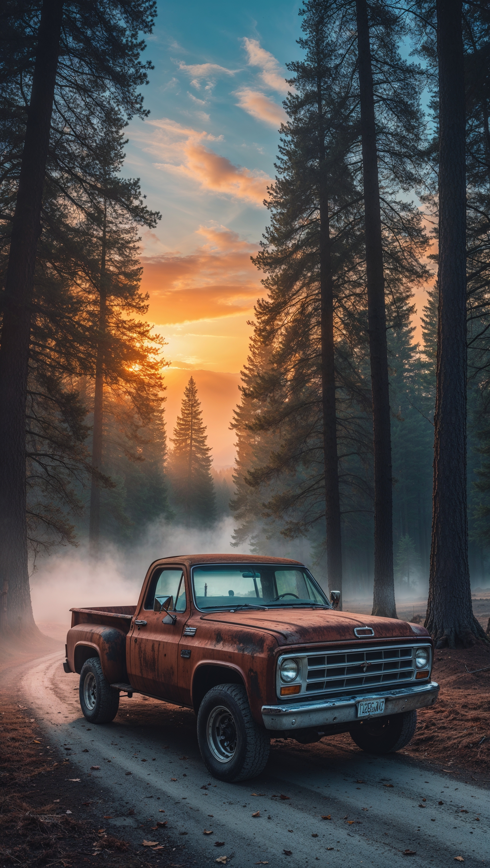 Truck on a forest road with sunrise lighting