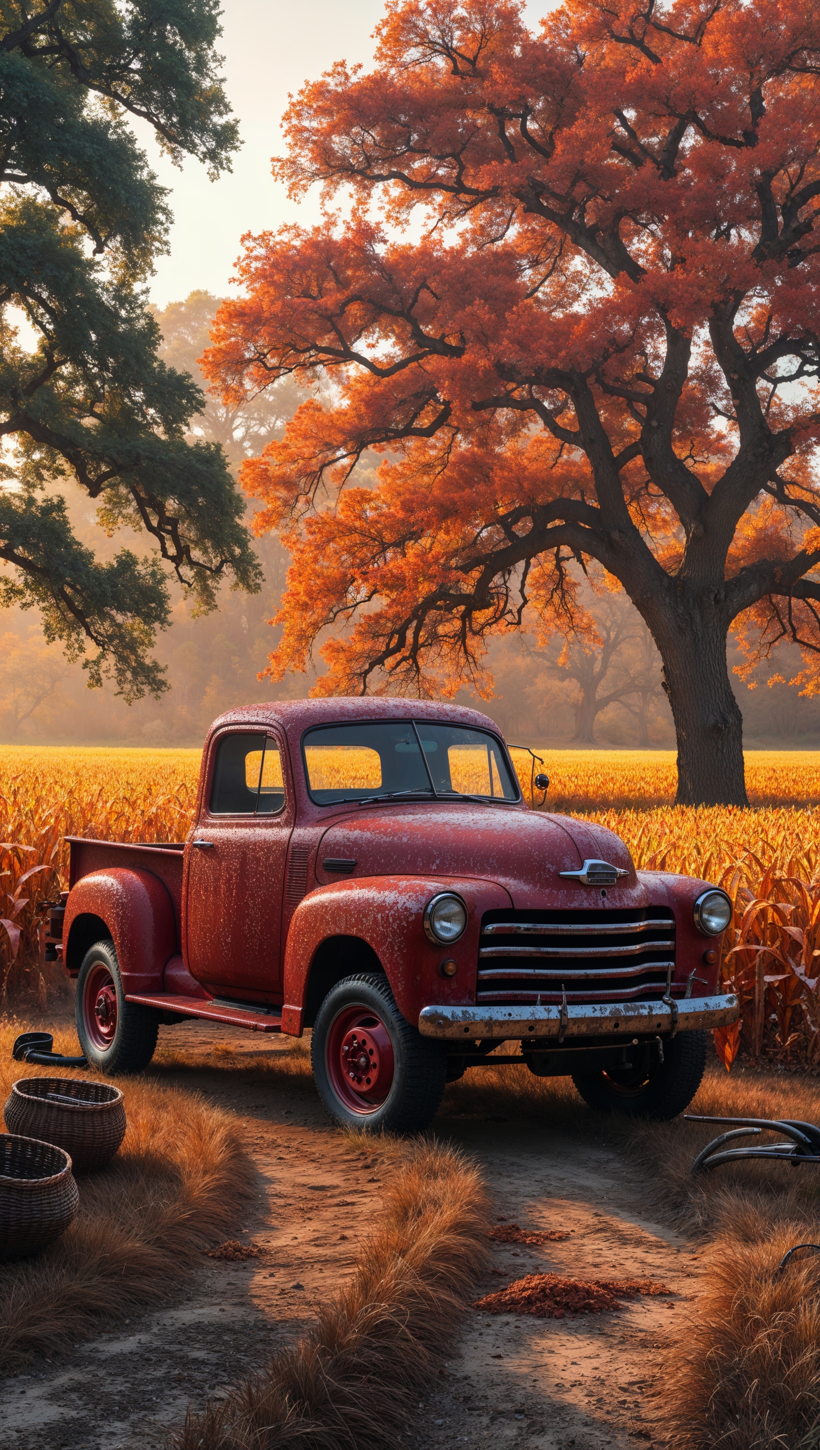 Classic vintage truck parked on a farm in autumn